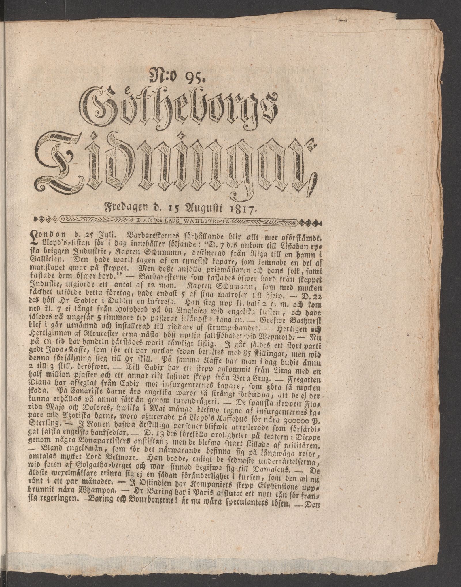 Tidningssida ur GÖTHEBORGS TIDNINGAR, 1817-08-15