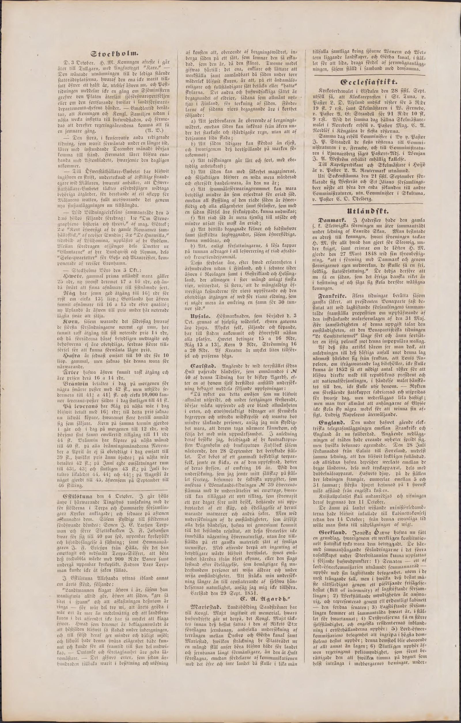 Tidningssida ur Vestmanlands Läns Tidning, 1851-10-09