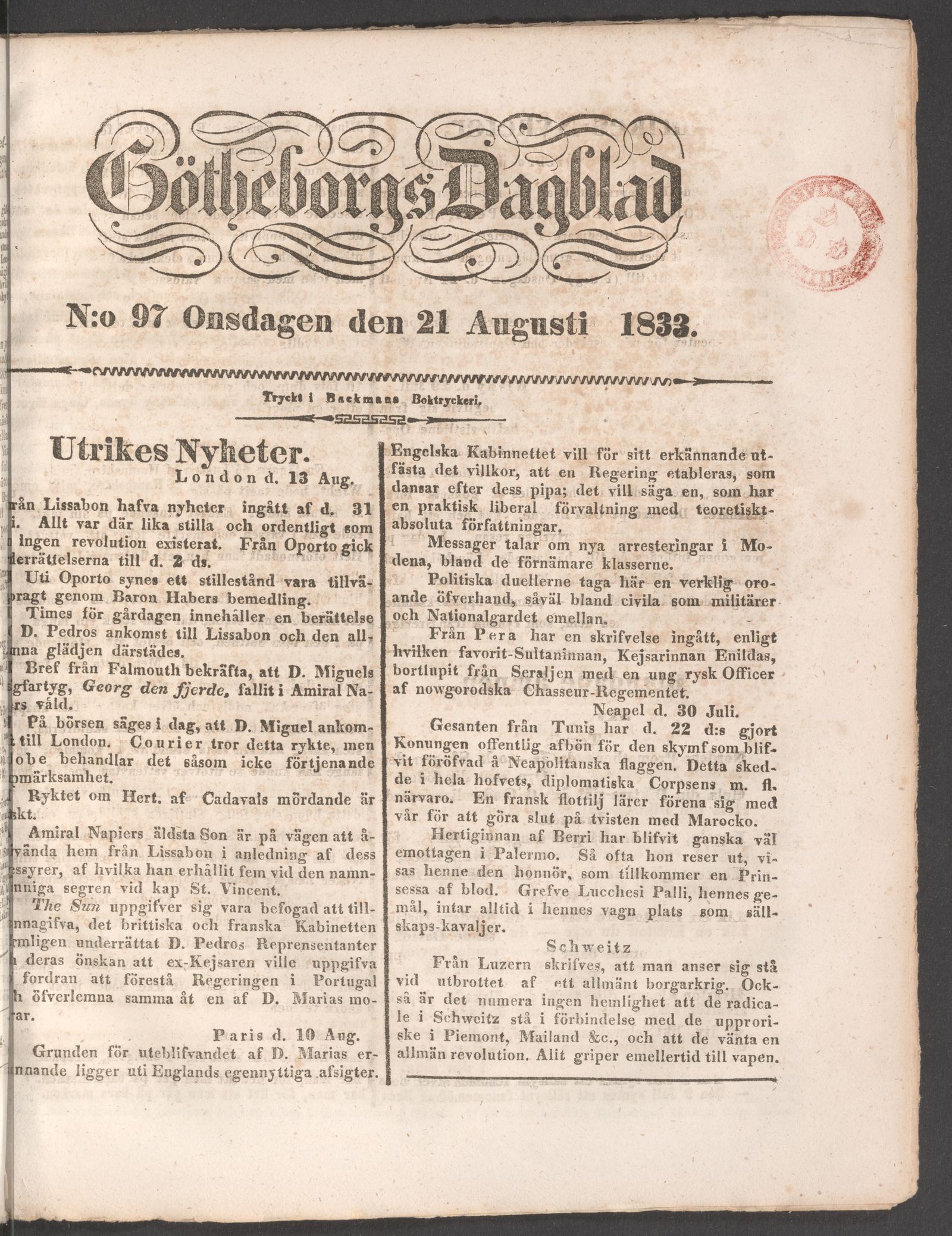 Tidningssida ur GÖTHEBORGS DAGBLAD, 1833-08-21