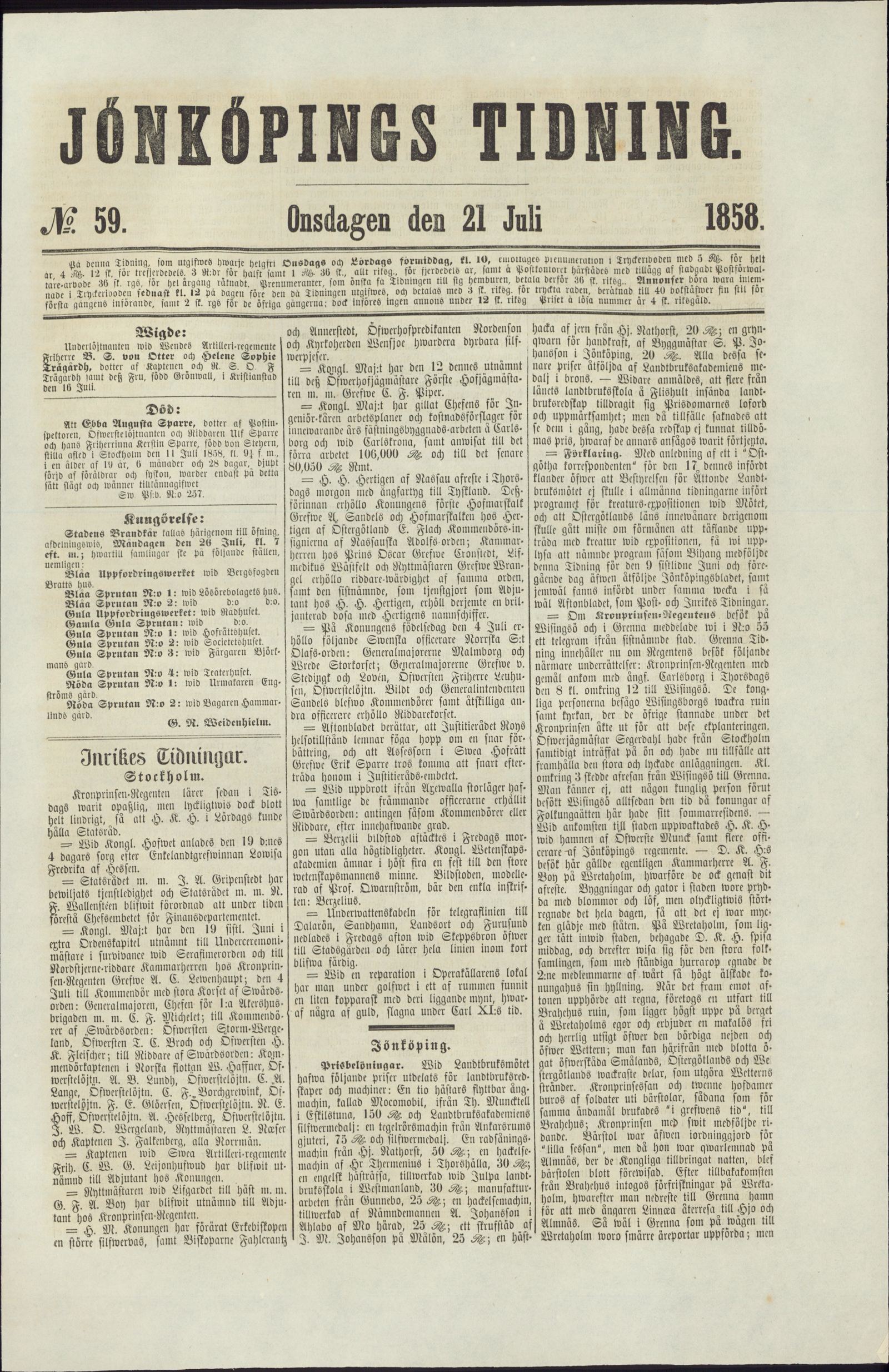 Tidningssida ur JÖNKÖPINGS TIDNING, 1858-07-21