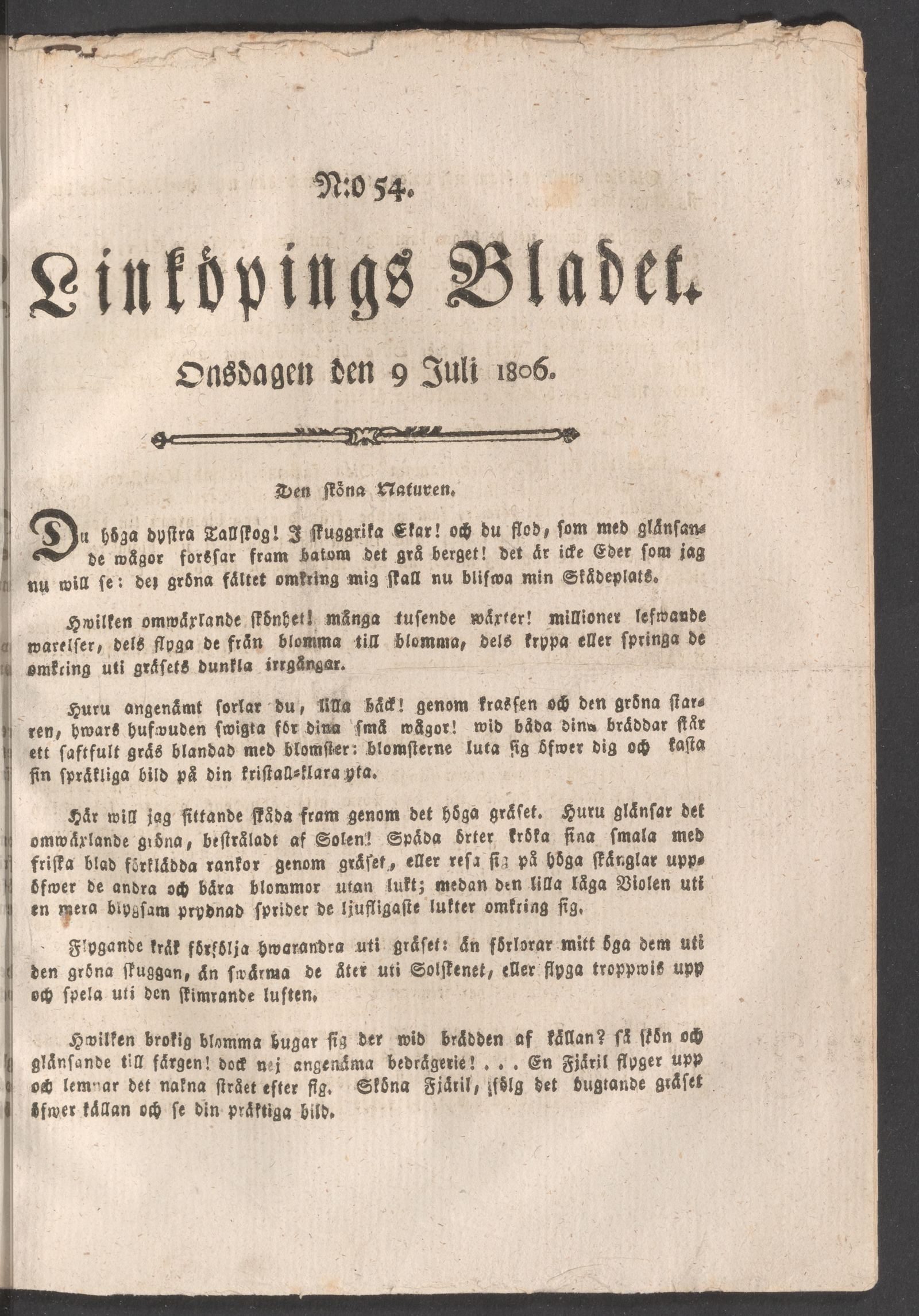 Tidningssida ur LINKÖPINGSBLADET, 1806-07-09
