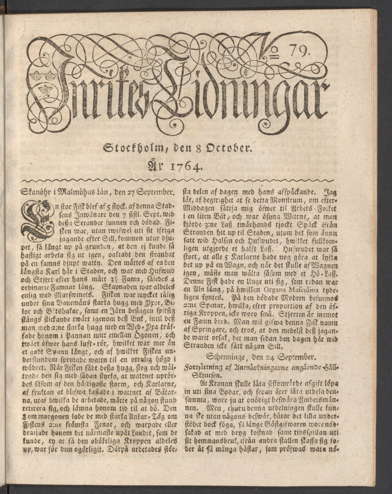 Tidningssida ur INRIKES TIDNINGAR, 1764-10-08