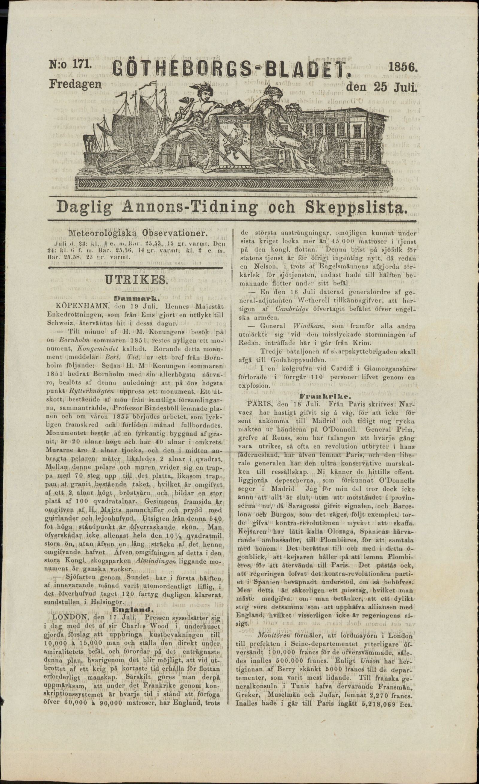 Tidningssida ur GÖTHEBORGSBLADET, 1856-07-25