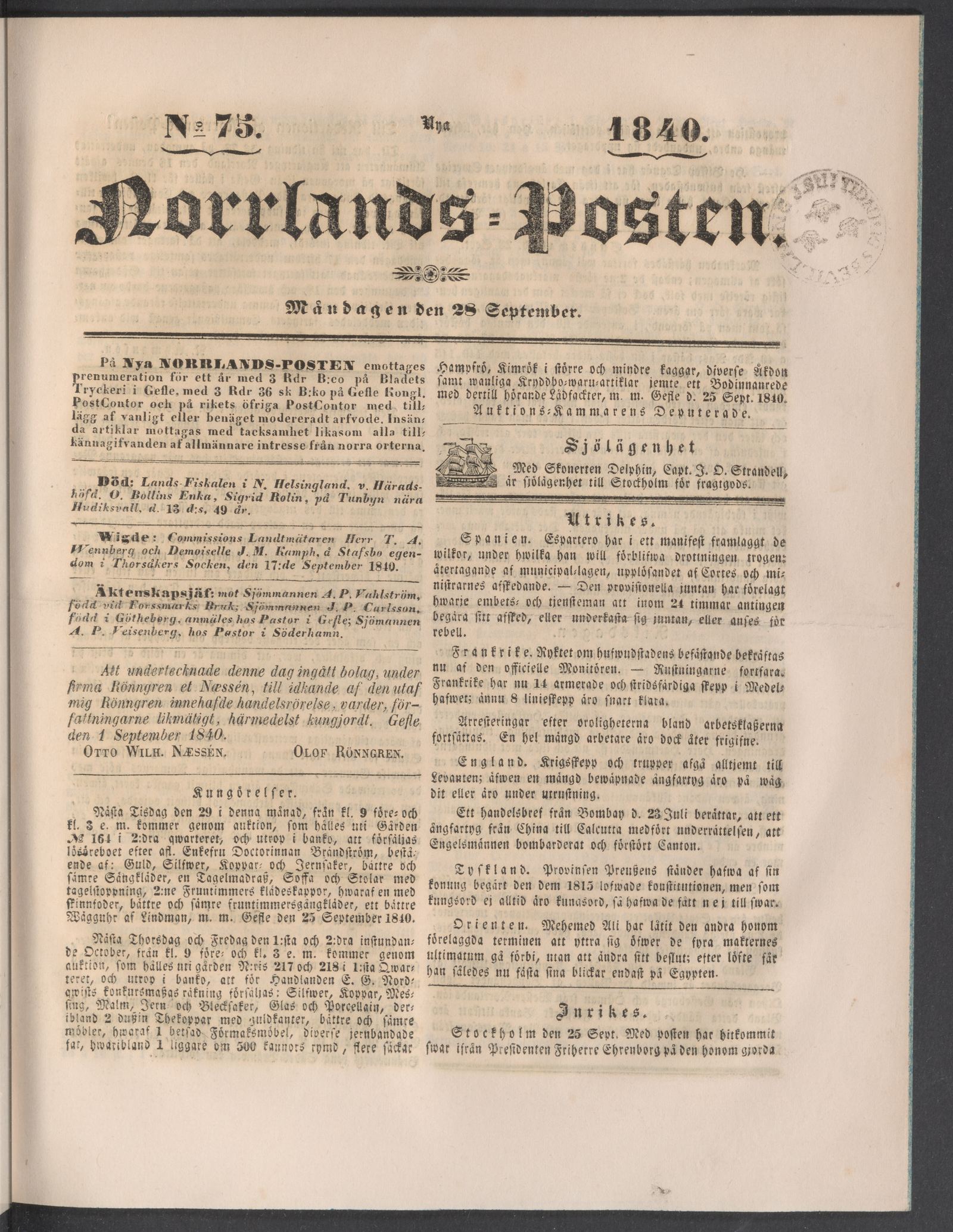 Tidningssida ur NORRLANDSPOSTEN, 1840-09-28