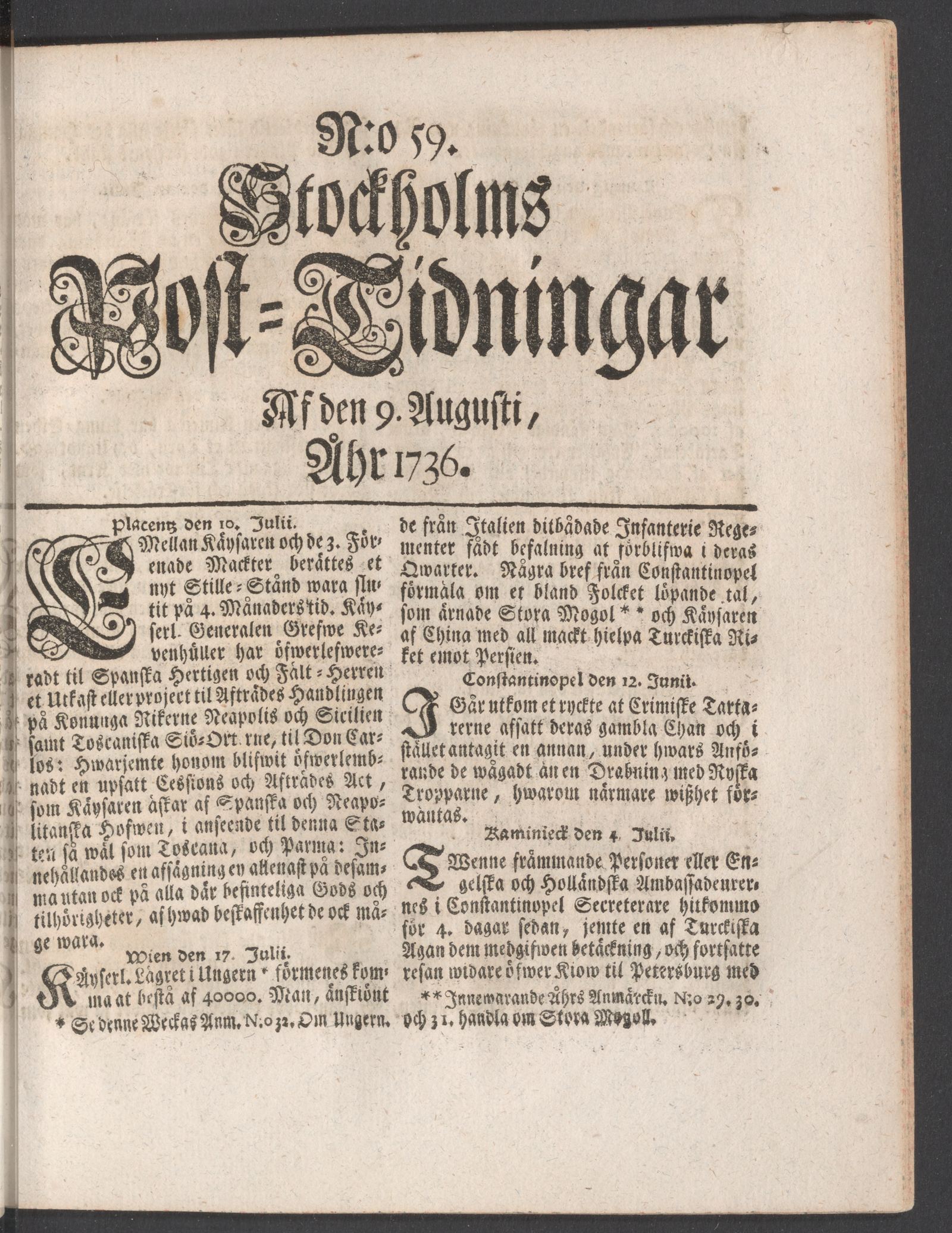 Tidningssida ur POSTTIDNINGAR, 1736-08-09