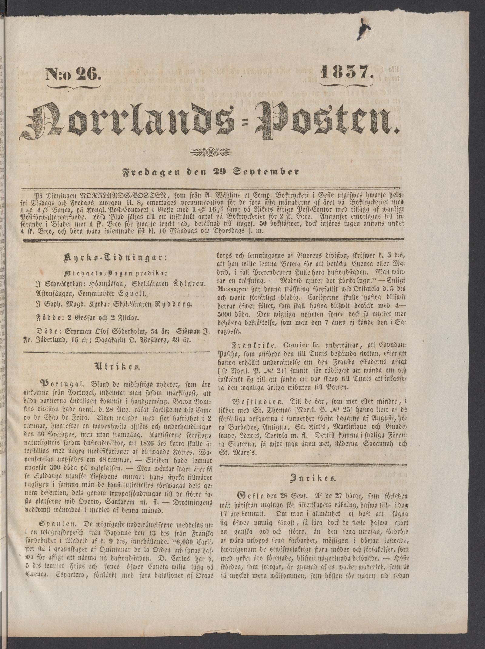 Tidningssida ur NORRLANDSPOSTEN, 1837-09-29