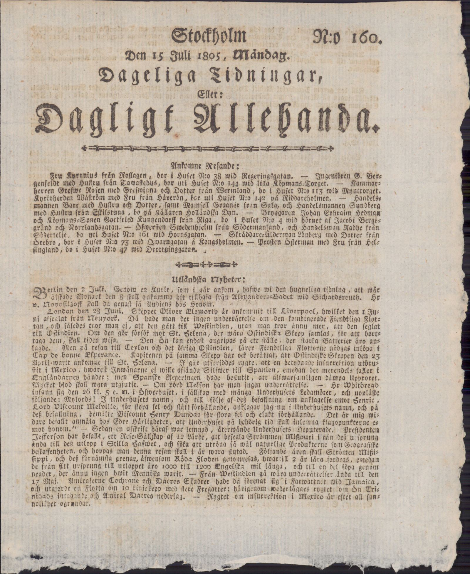 Tidningssida ur DAGLIGT ALLEHANDA, 1805-07-15