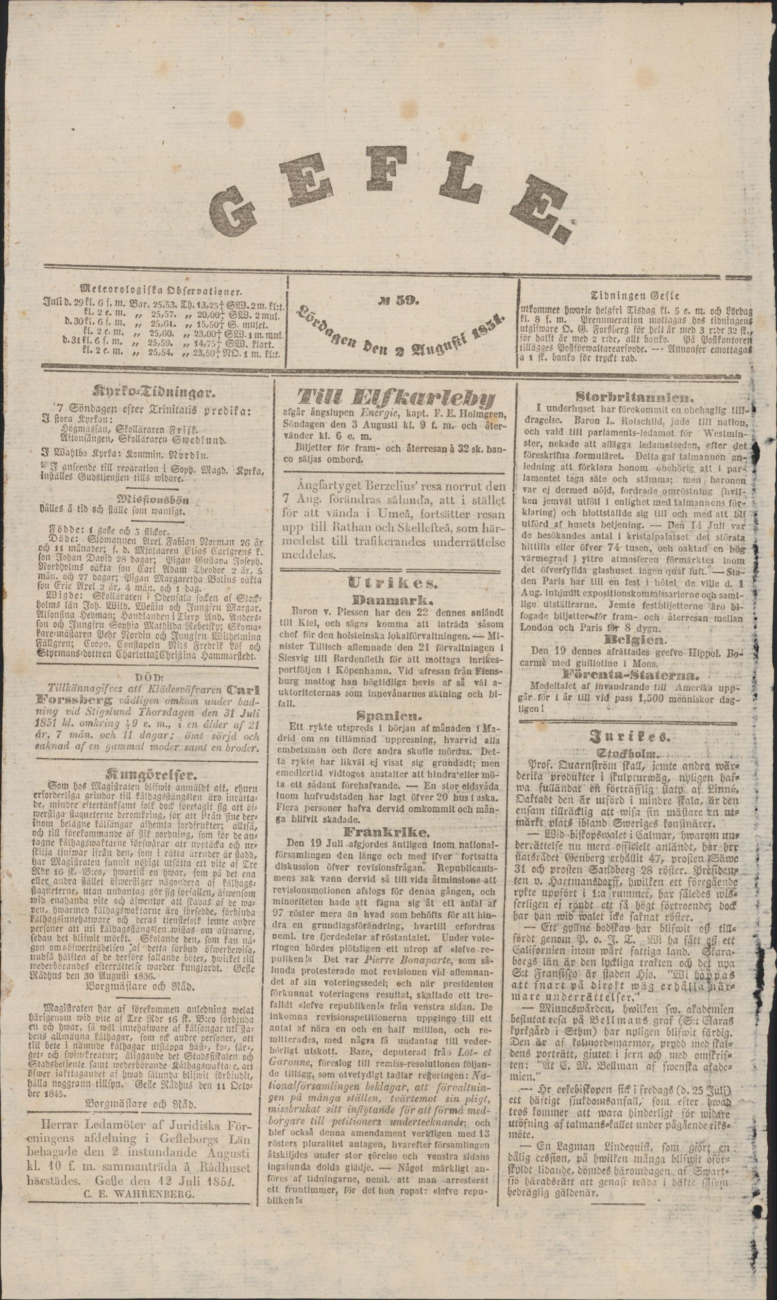 Tidningssida ur GEFLEBORGS LÄNS TIDNING, 1851-08-02