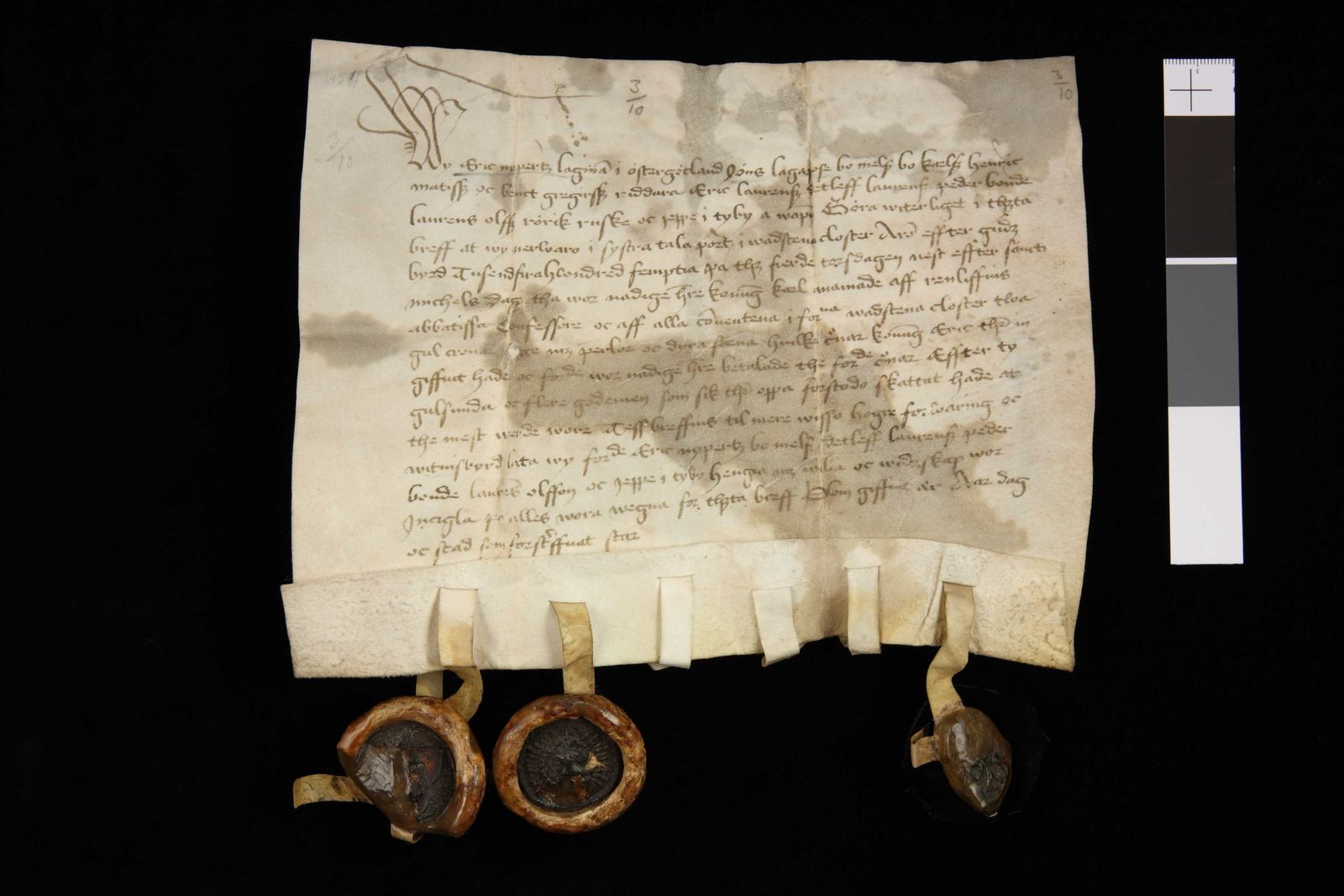 Tidningssida ur Svenskt Diplomatarium, 1454-10-03