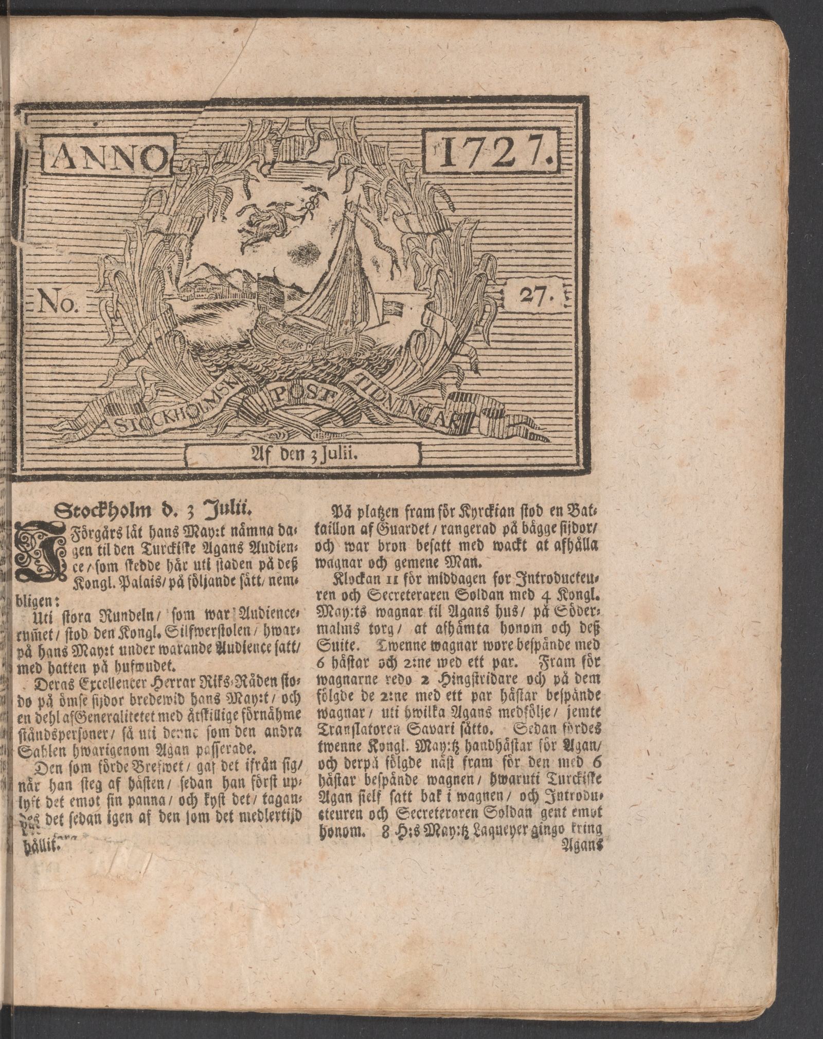 Tidningssida ur POSTTIDNINGAR, 1727-07-03