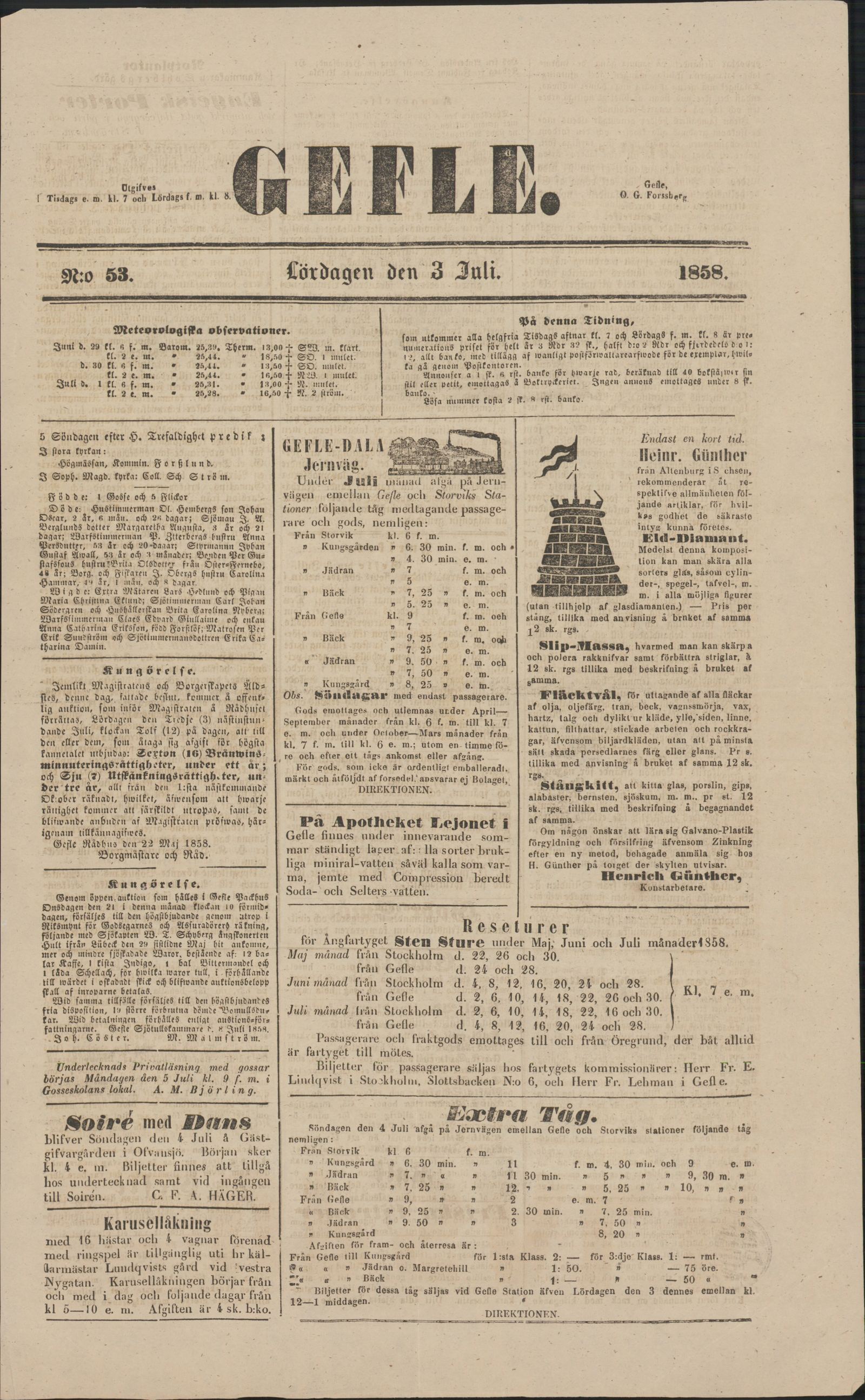 Tidningssida ur GEFLEBORGS LÄNS TIDNING, 1858-07-03