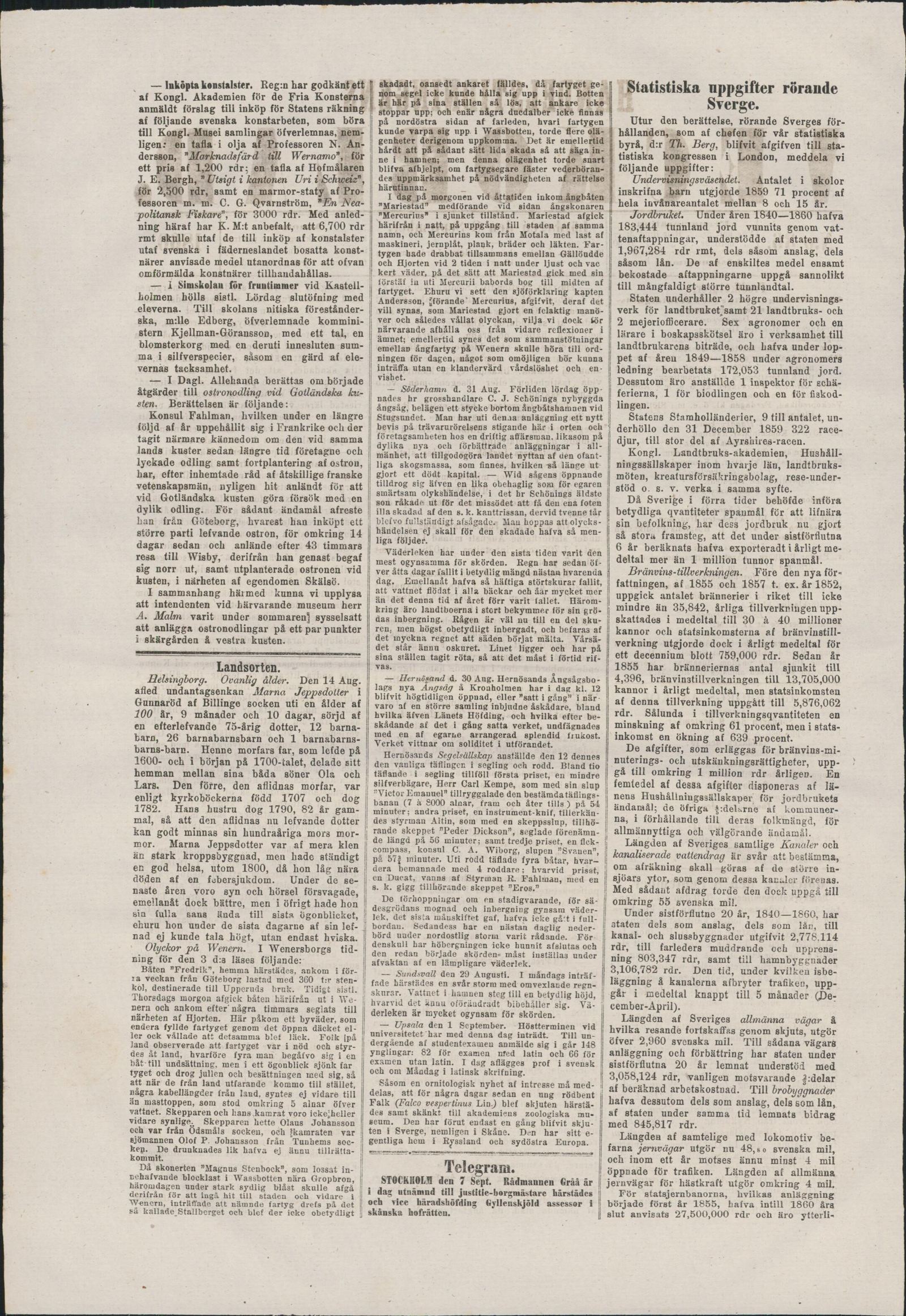 Tidningssida ur Handelstidningens Weckoblad, 1860-09-08