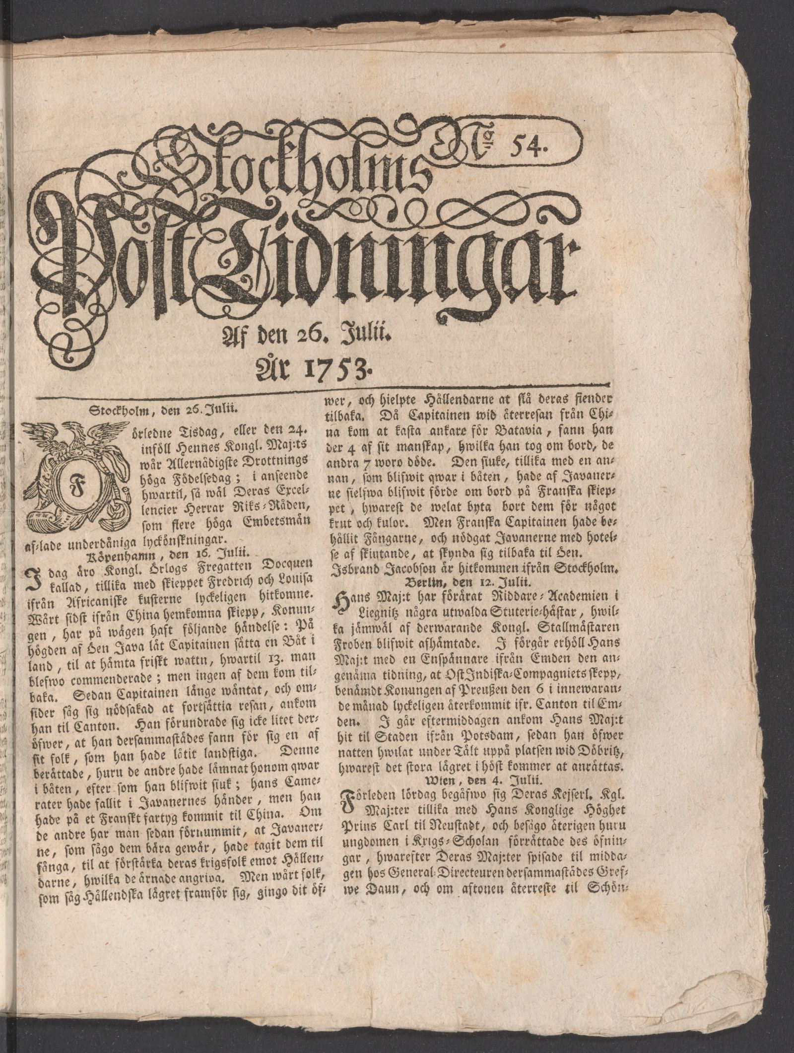Tidningssida ur POSTTIDNINGAR, 1753-07-26