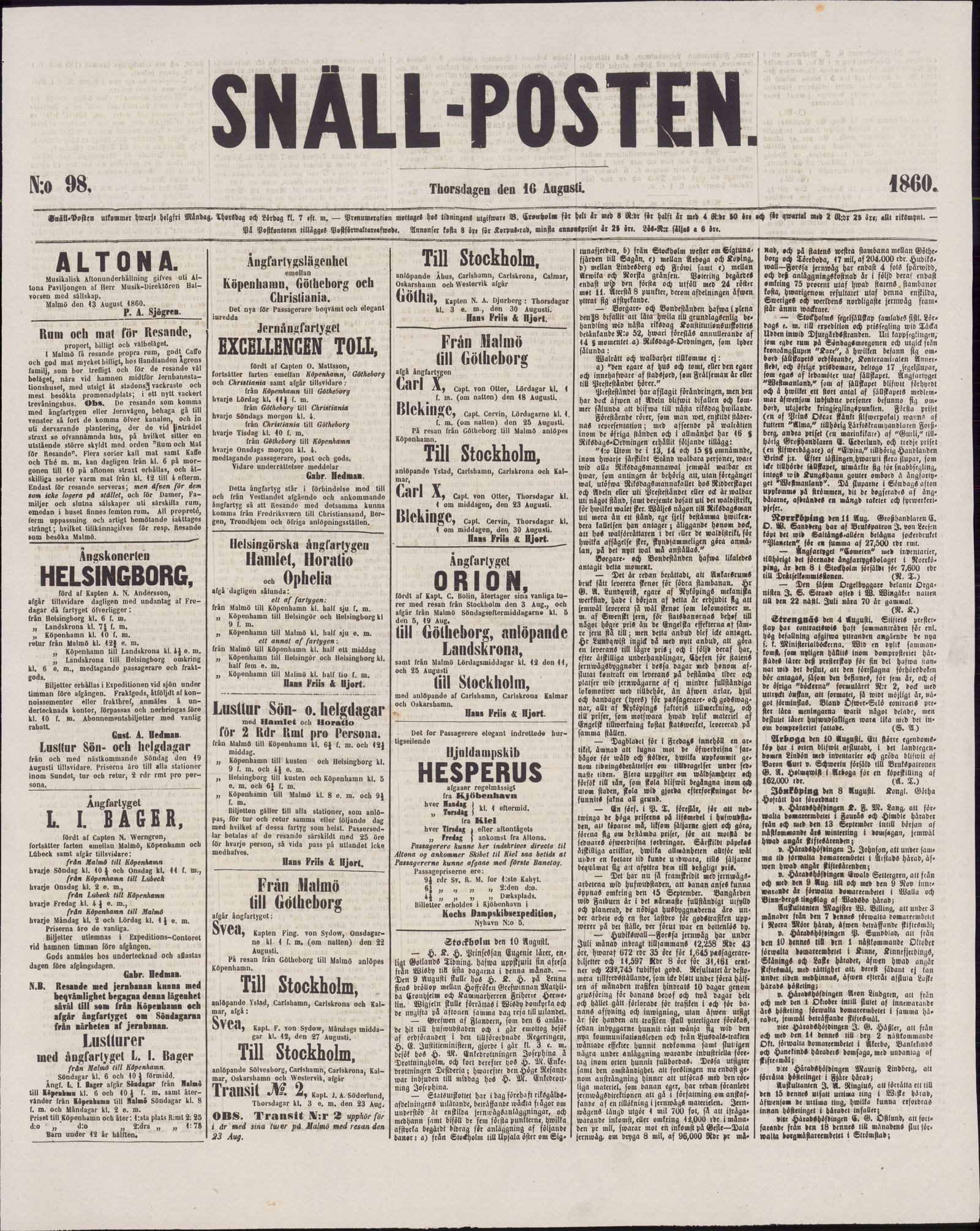 Tidningssida ur SNÄLLPOSTEN, 1860-08-16