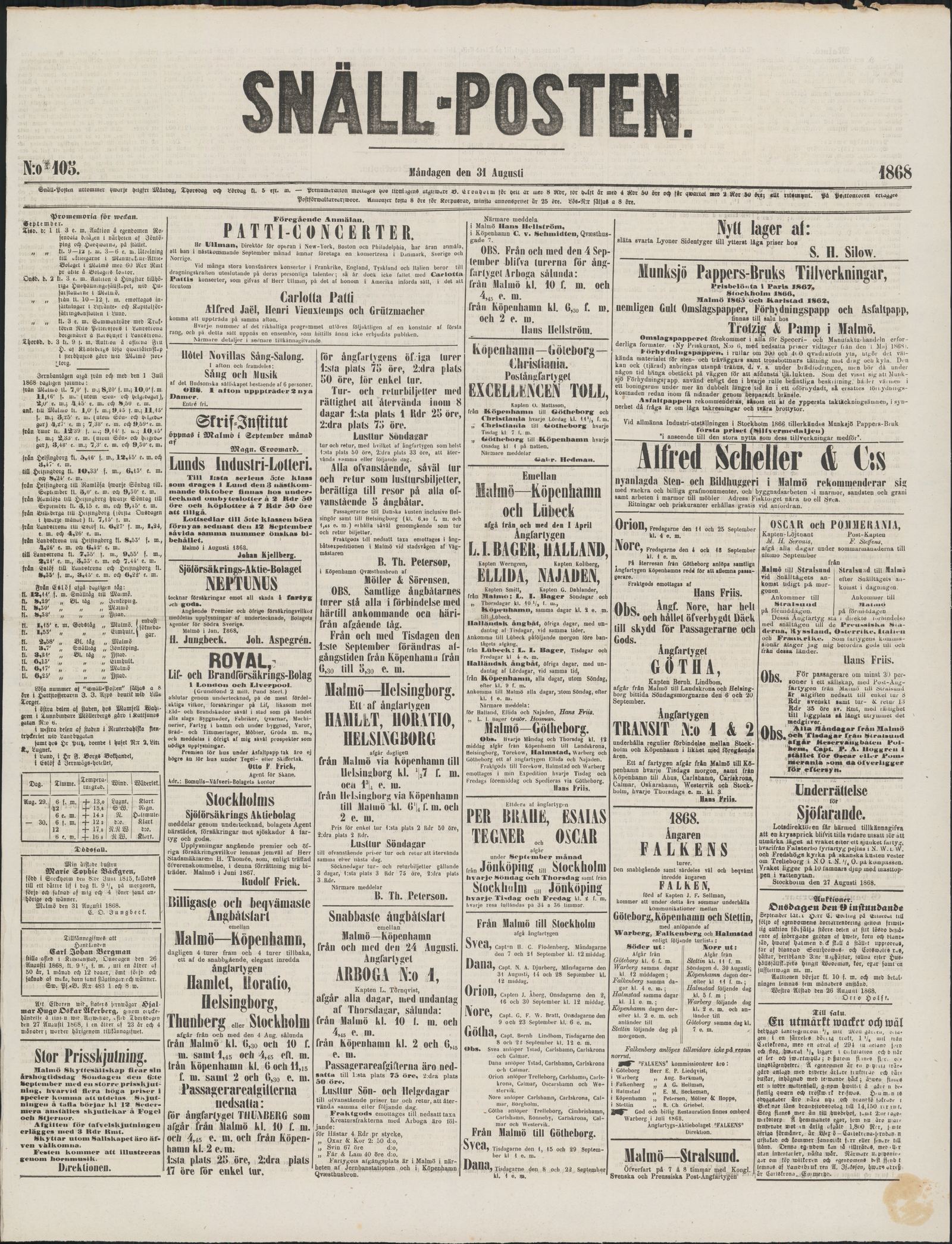 Tidningssida ur SNÄLLPOSTEN, 1868-08-31