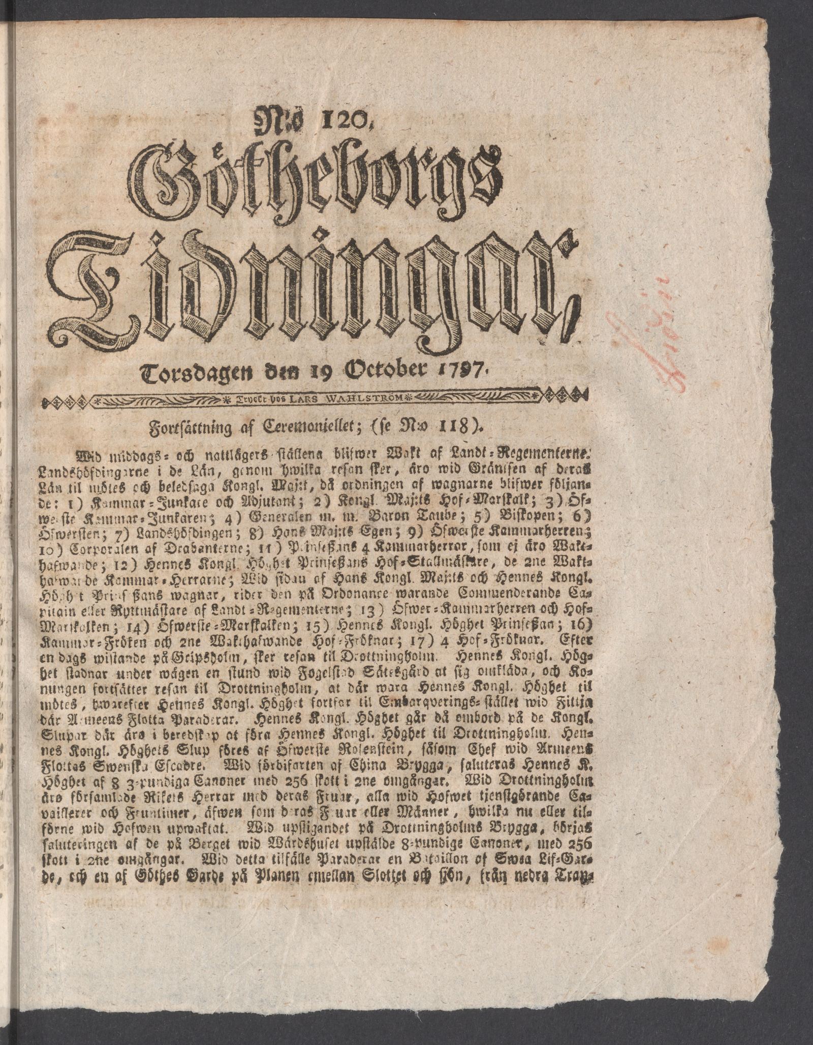 Tidningssida ur GÖTHEBORGS TIDNINGAR, 1797-10-19