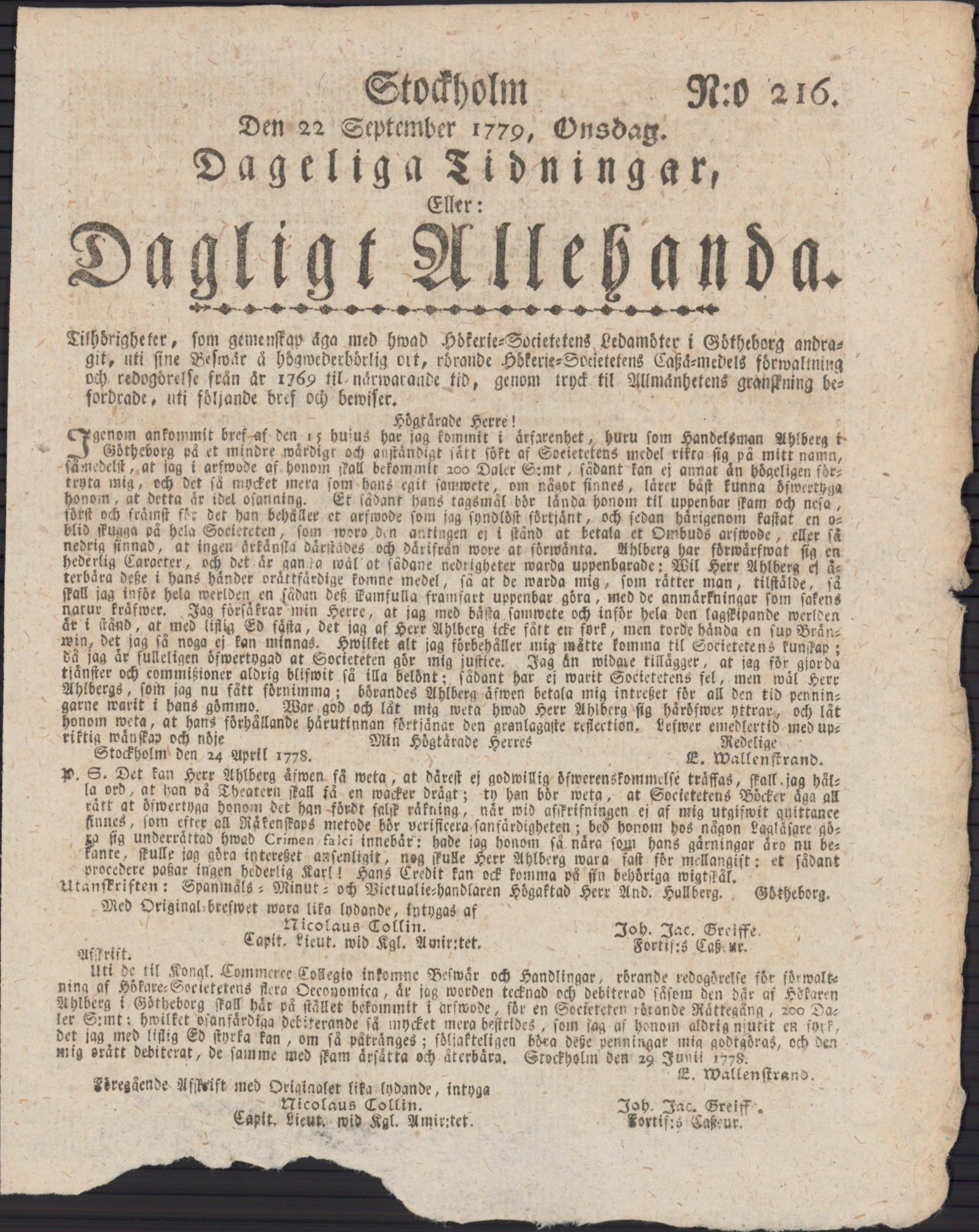 Tidningssida ur DAGLIGT ALLEHANDA, 1779-09-22