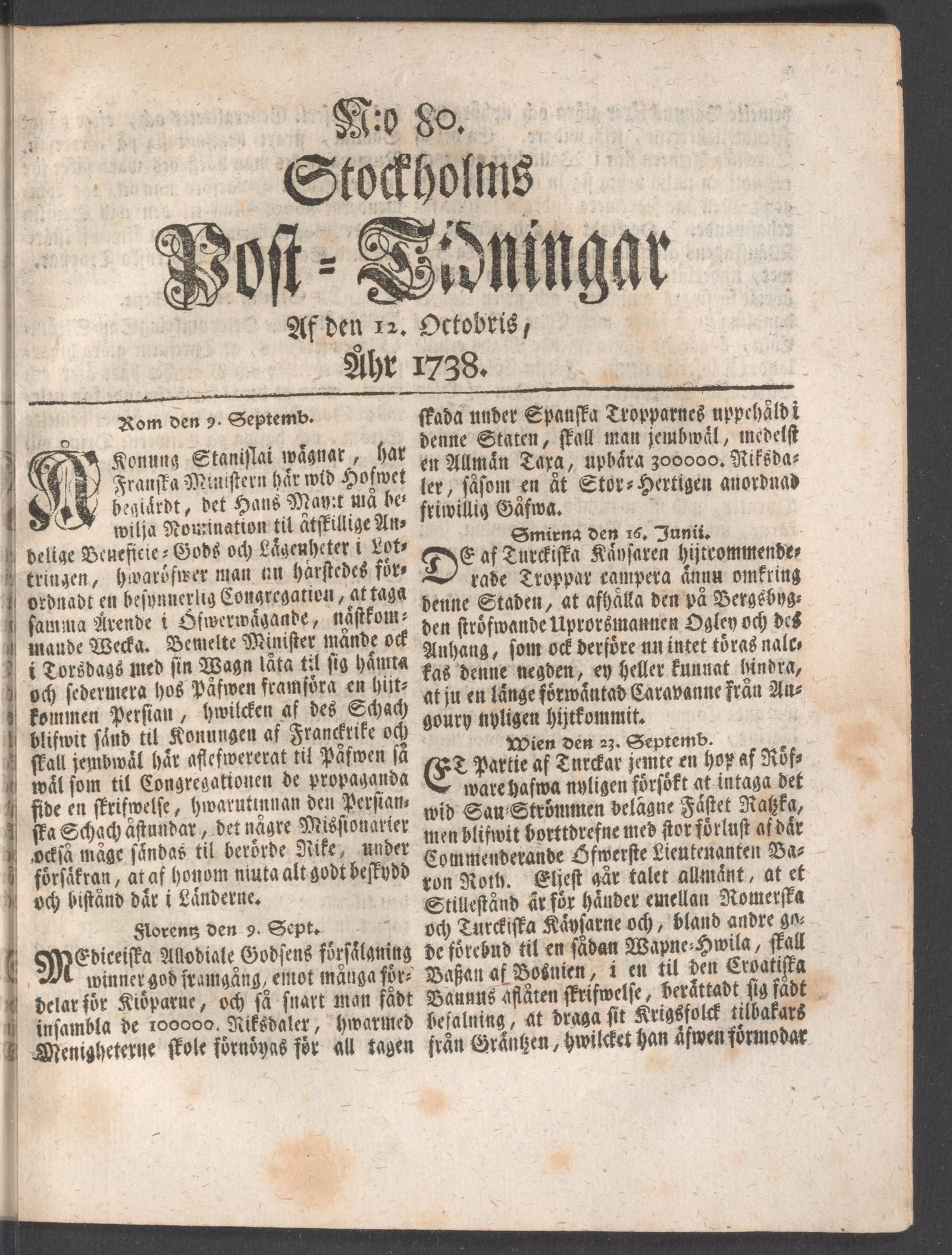 Tidningssida ur POSTTIDNINGAR, 1738-10-12