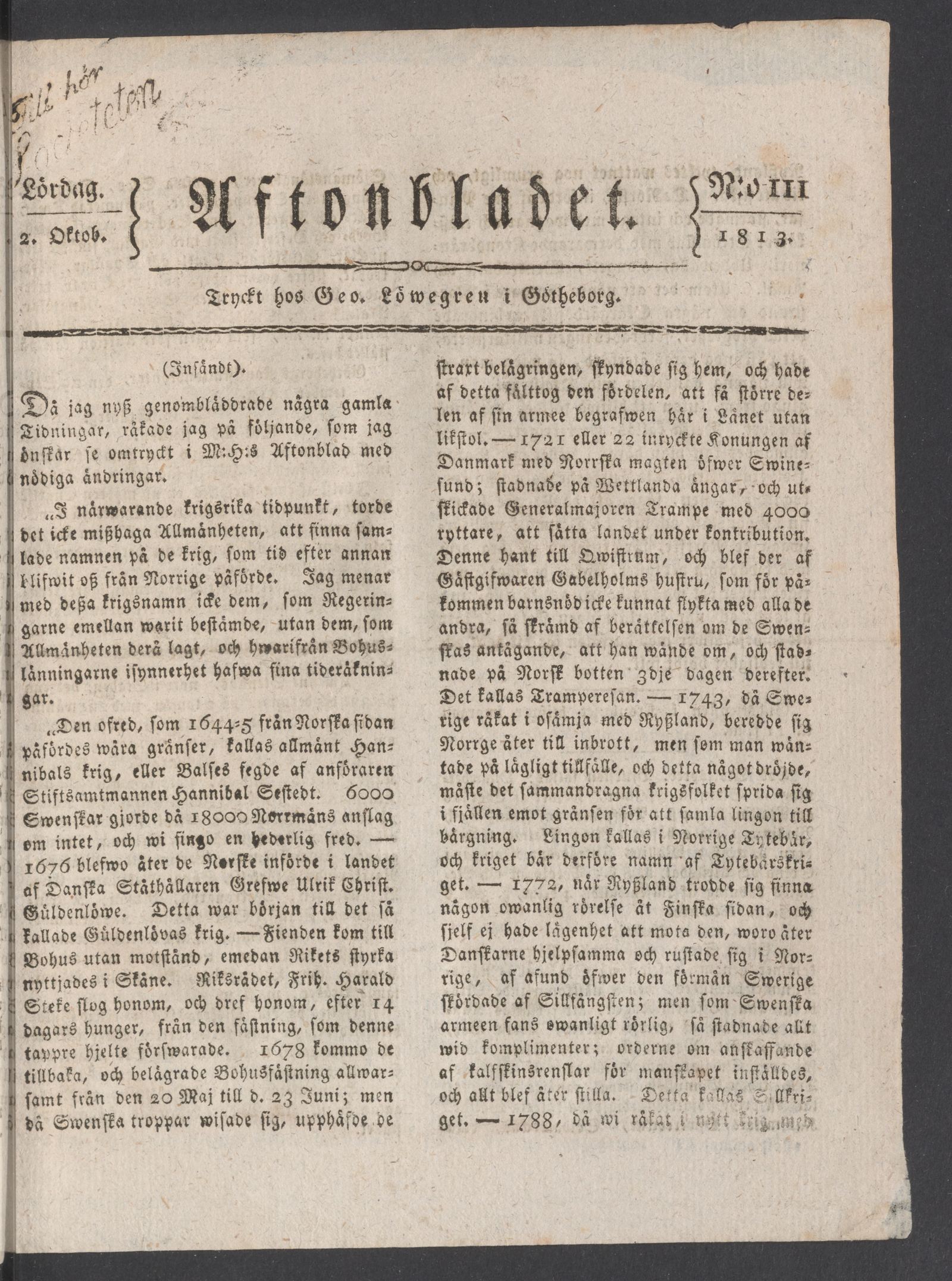 Tidningssida ur AFTONBLADET, 1813-10-02