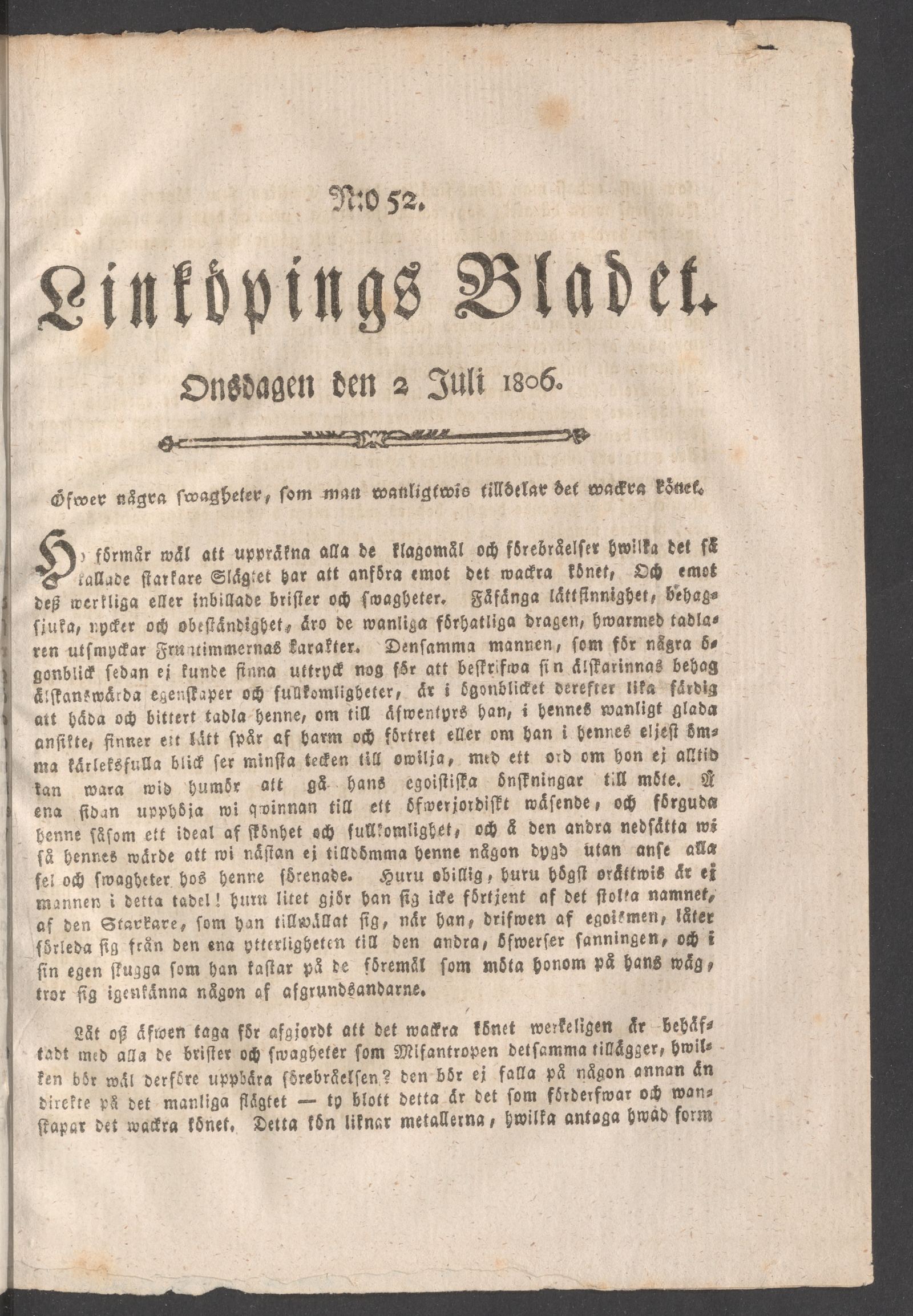 Tidningssida ur LINKÖPINGSBLADET, 1806-07-02
