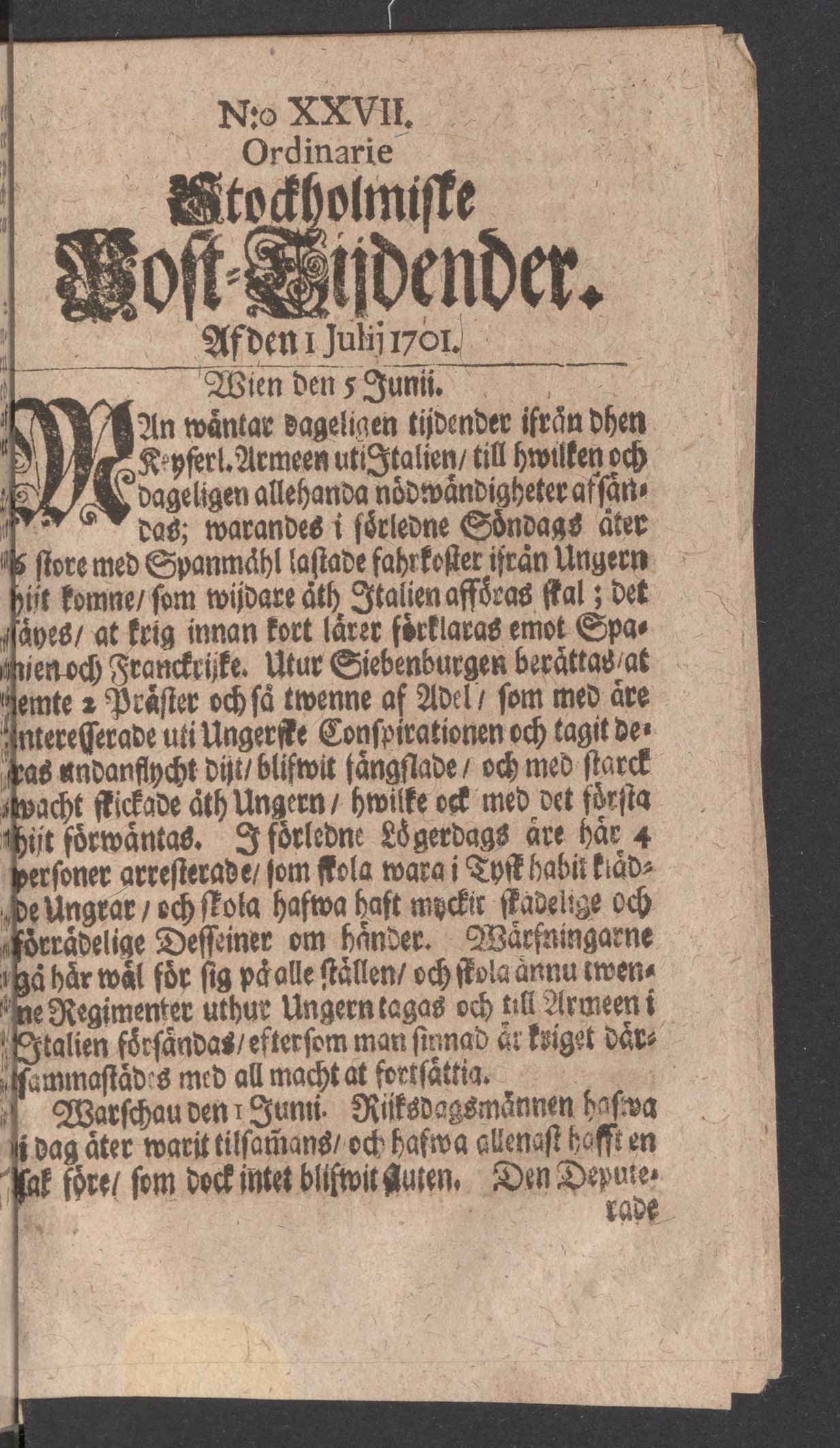 Tidningssida ur POSTTIDNINGAR, 1701-07-01