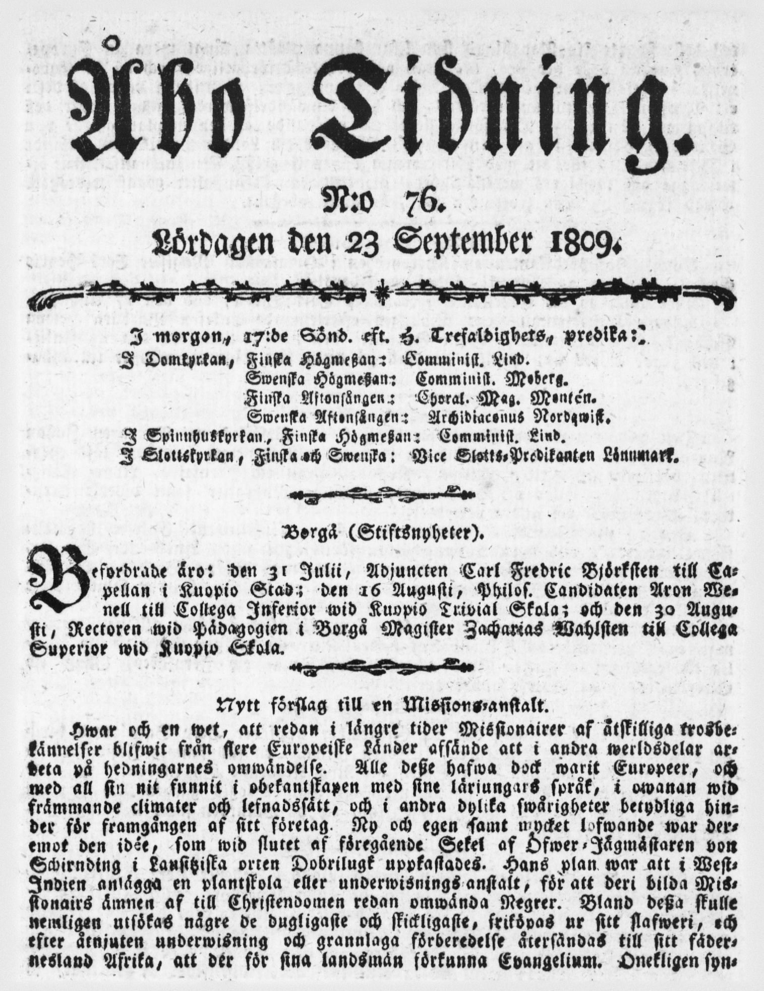 Tidningssida ur ÅBO TIDNING, 1809-09-23