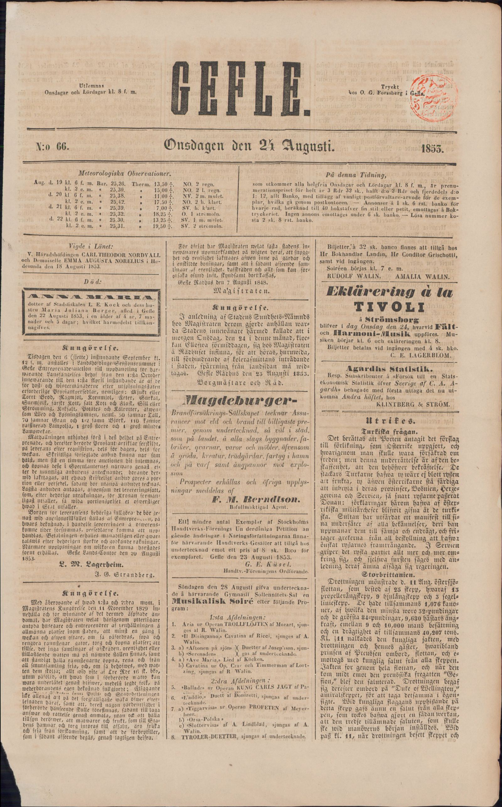 Tidningssida ur GEFLEBORGS LÄNS TIDNING, 1853-08-24