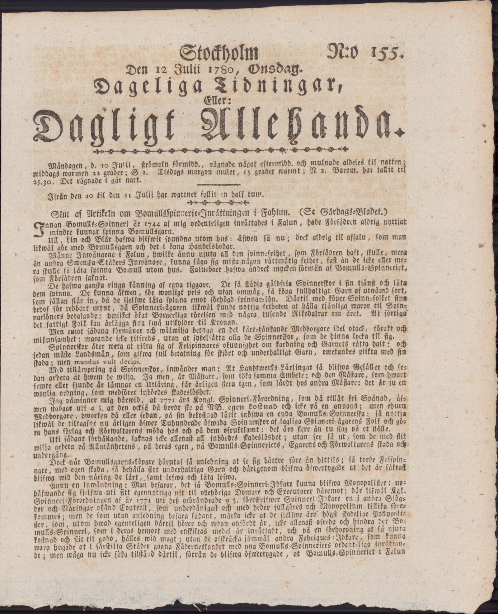 Tidningssida ur DAGLIGT ALLEHANDA, 1780-07-12