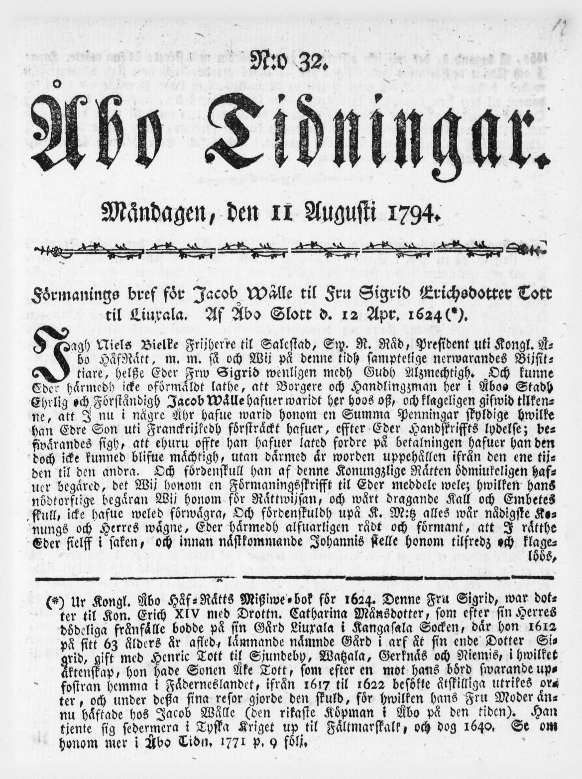 Tidningssida ur ÅBO TIDNINGAR, 1794-08-11