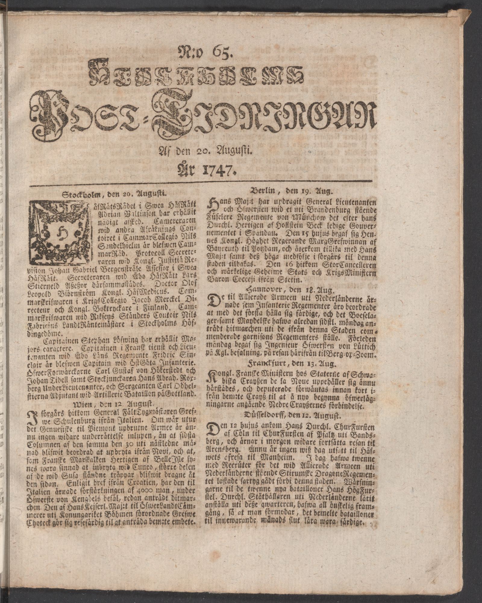 Tidningssida ur POSTTIDNINGAR, 1747-08-20