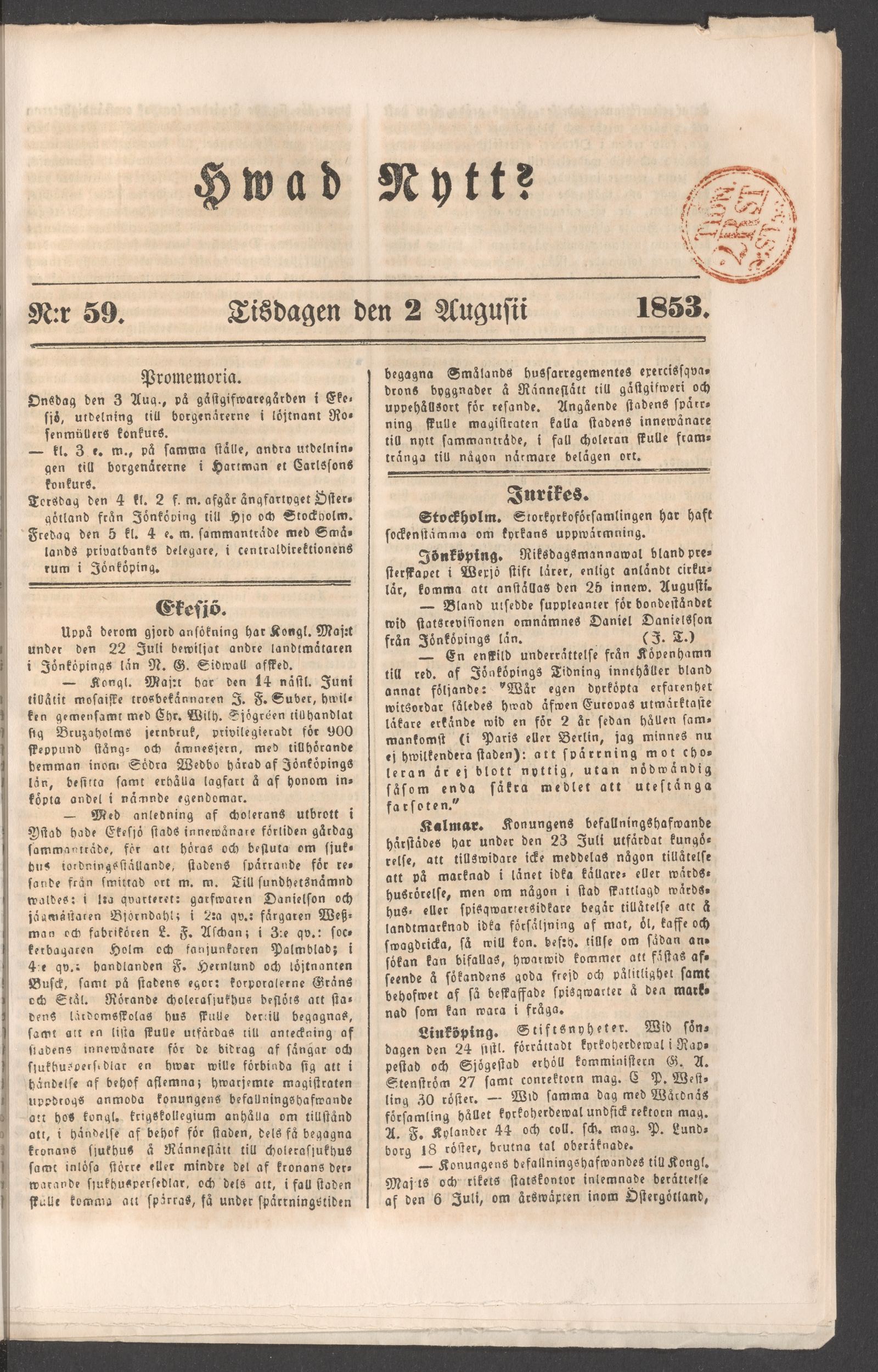Tidningssida ur HVAD NYTT?, 1853-08-02