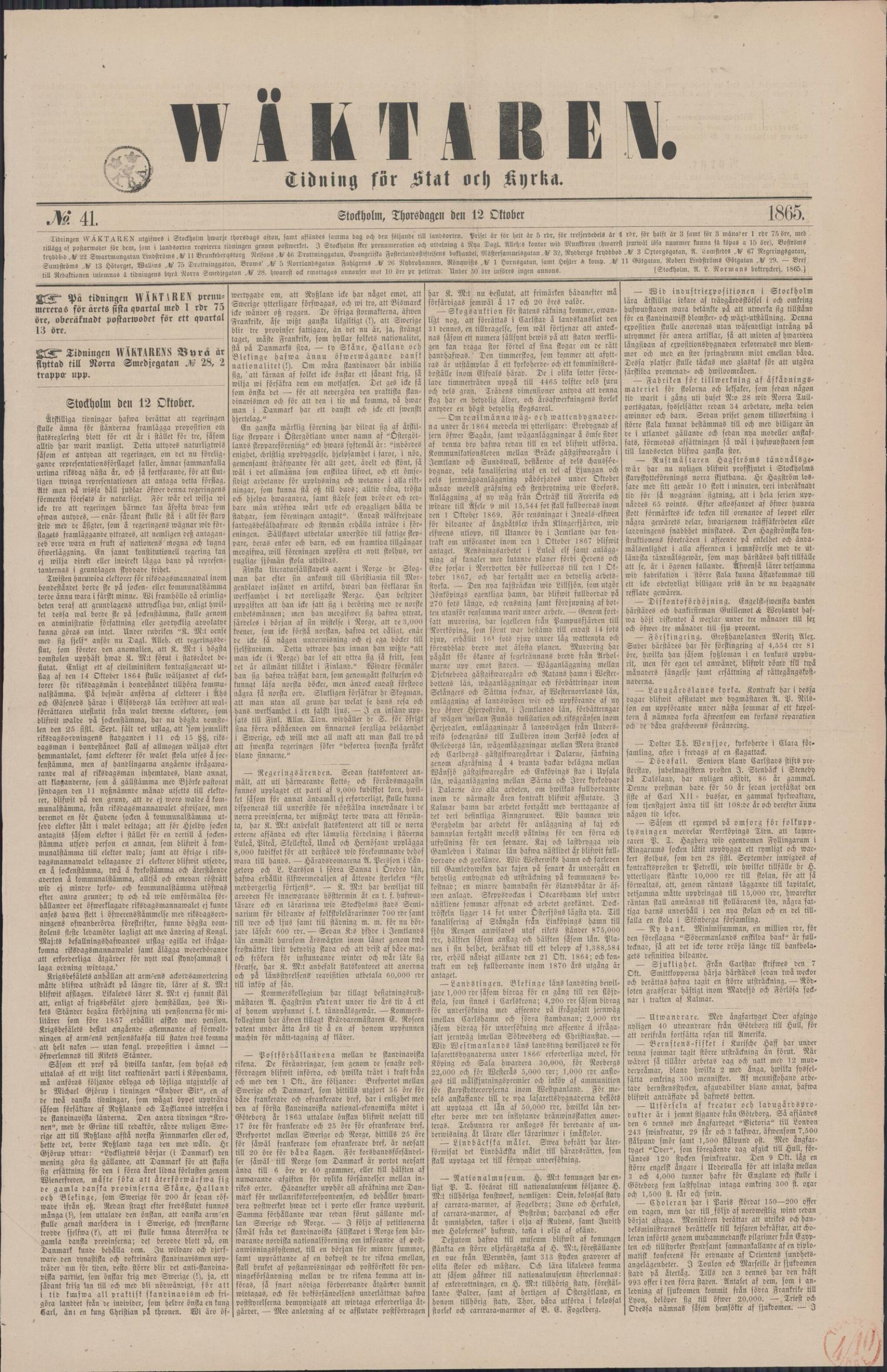 Tidningssida ur Wäktaren, 1865-10-12