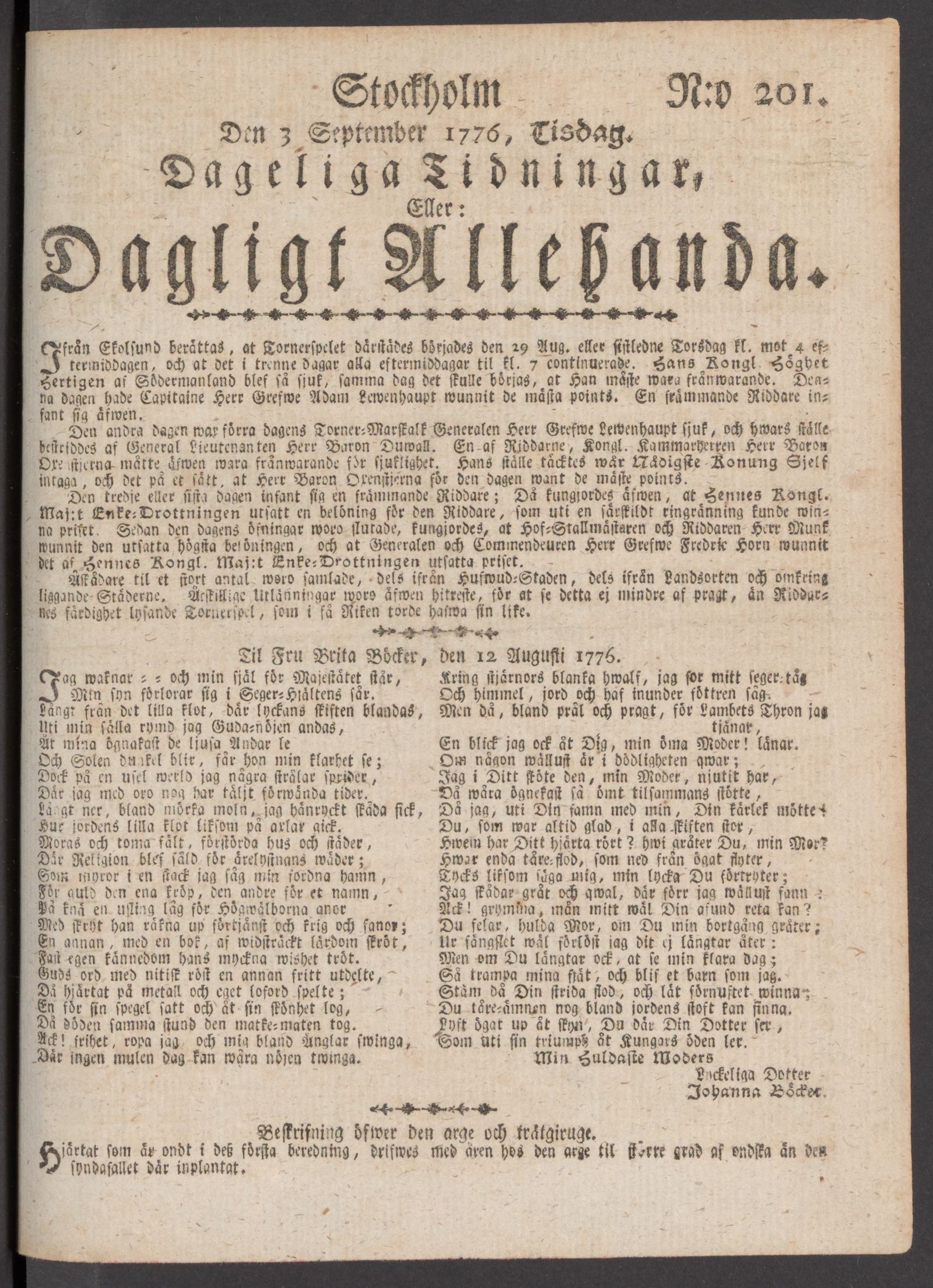 Tidningssida ur DAGLIGT ALLEHANDA, 1776-09-03