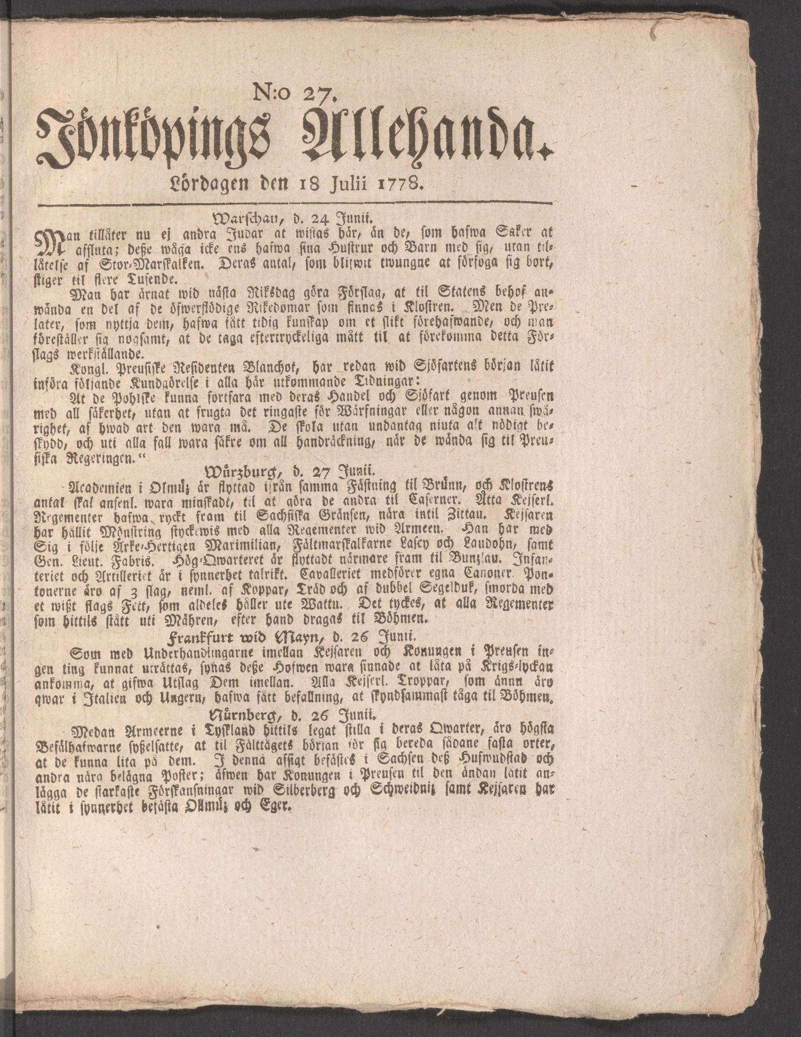 Tidningssida ur JÖNKÖPINGS ALLEHANDA, 1778-07-18