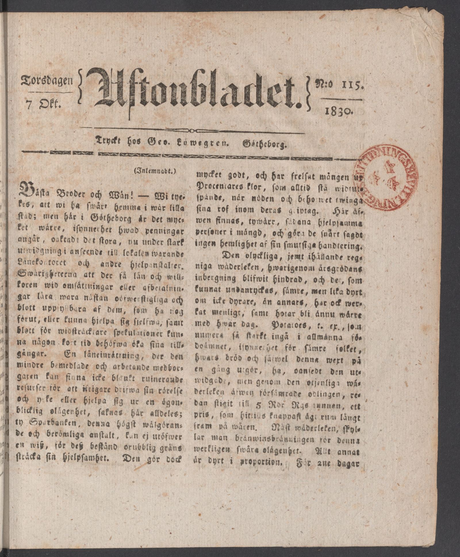 Tidningssida ur AFTONBLADET, 1830-10-07