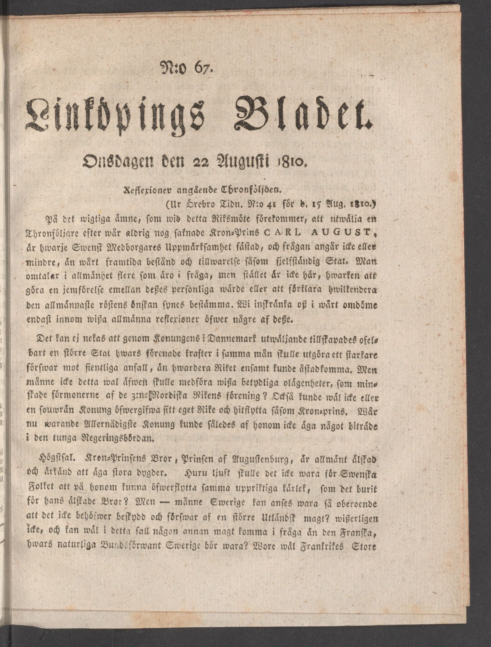 Tidningssida ur LINKÖPINGSBLADET, 1810-08-22