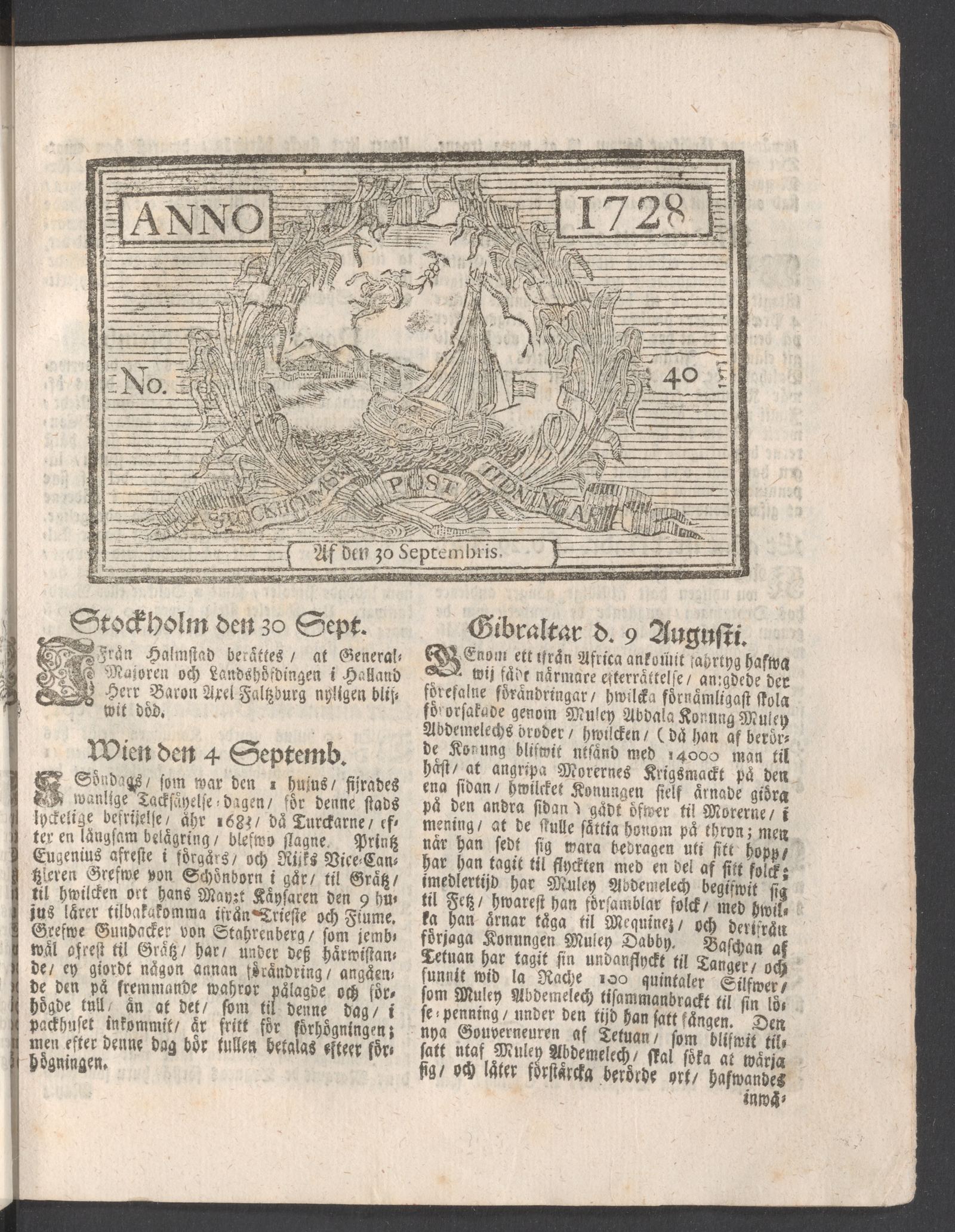 Tidningssida ur POSTTIDNINGAR, 1728-09-30