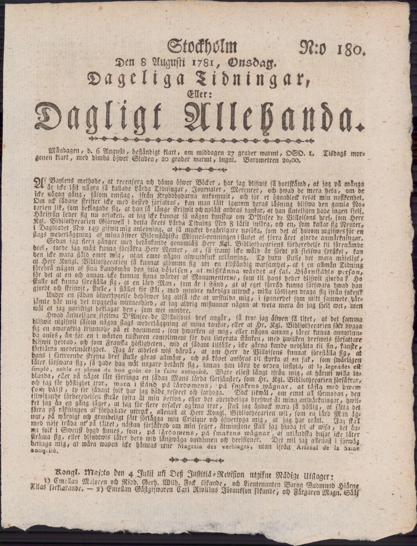 Tidningssida ur DAGLIGT ALLEHANDA, 1781-08-08