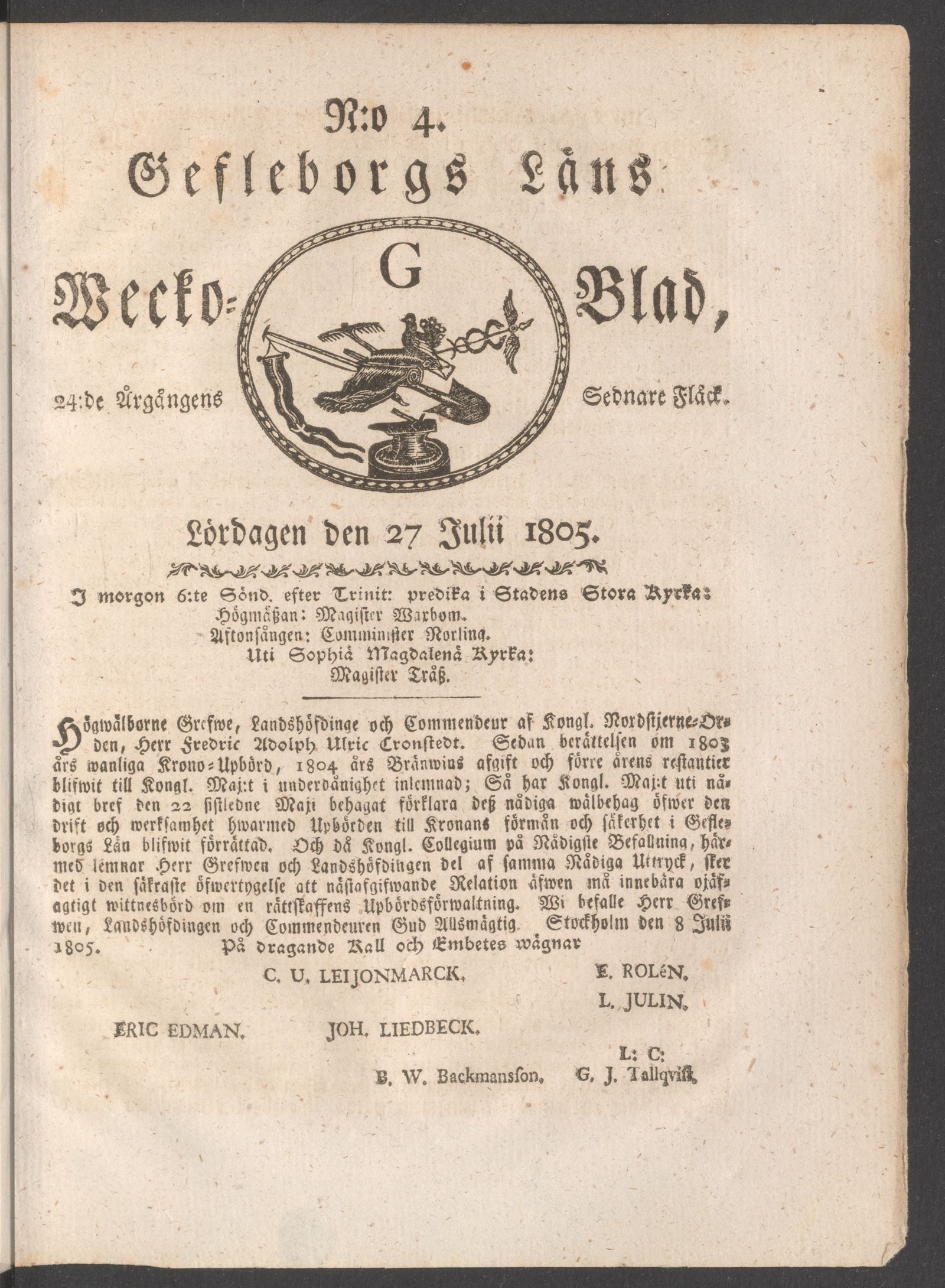 Tidningssida ur WECKOBLAD FÖR GEFLEBORGS LÄN, 1805-07-27