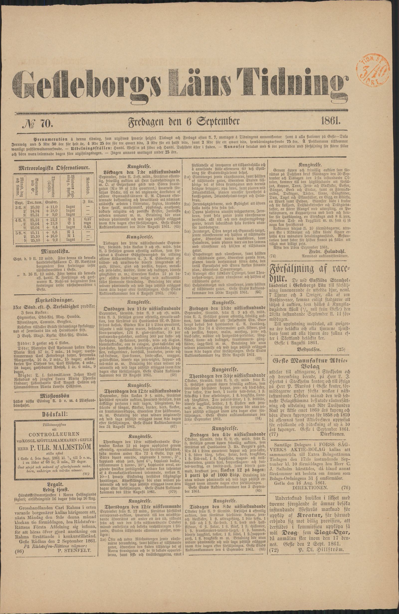 Tidningssida ur GEFLEBORGS LÄNS TIDNING, 1861-09-06