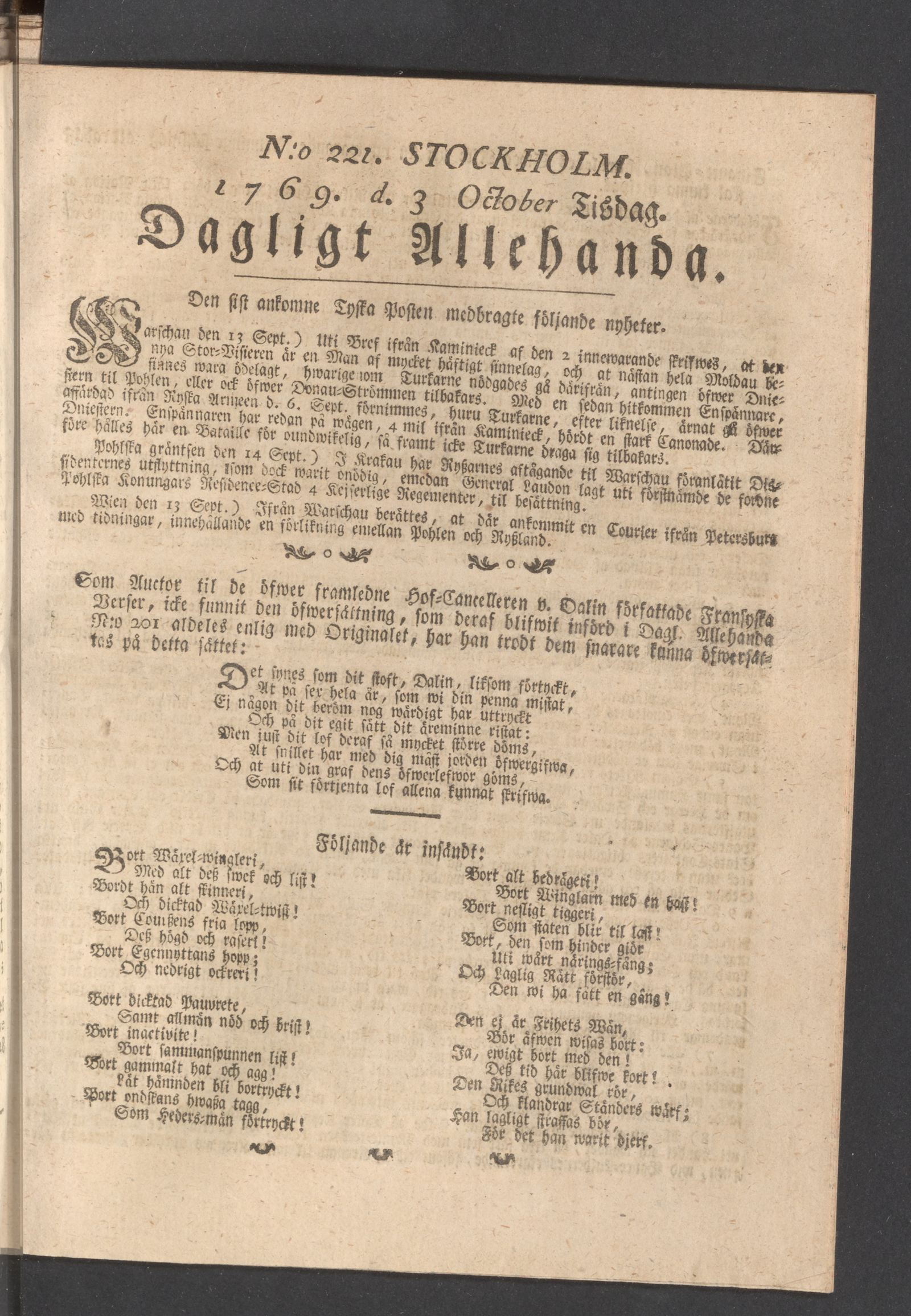 Tidningssida ur DAGLIGT ALLEHANDA, 1769-10-03