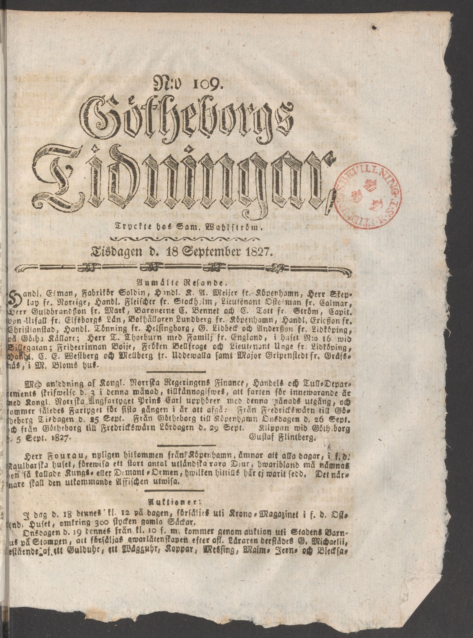 Tidningssida ur GÖTHEBORGS TIDNINGAR, 1827-09-18