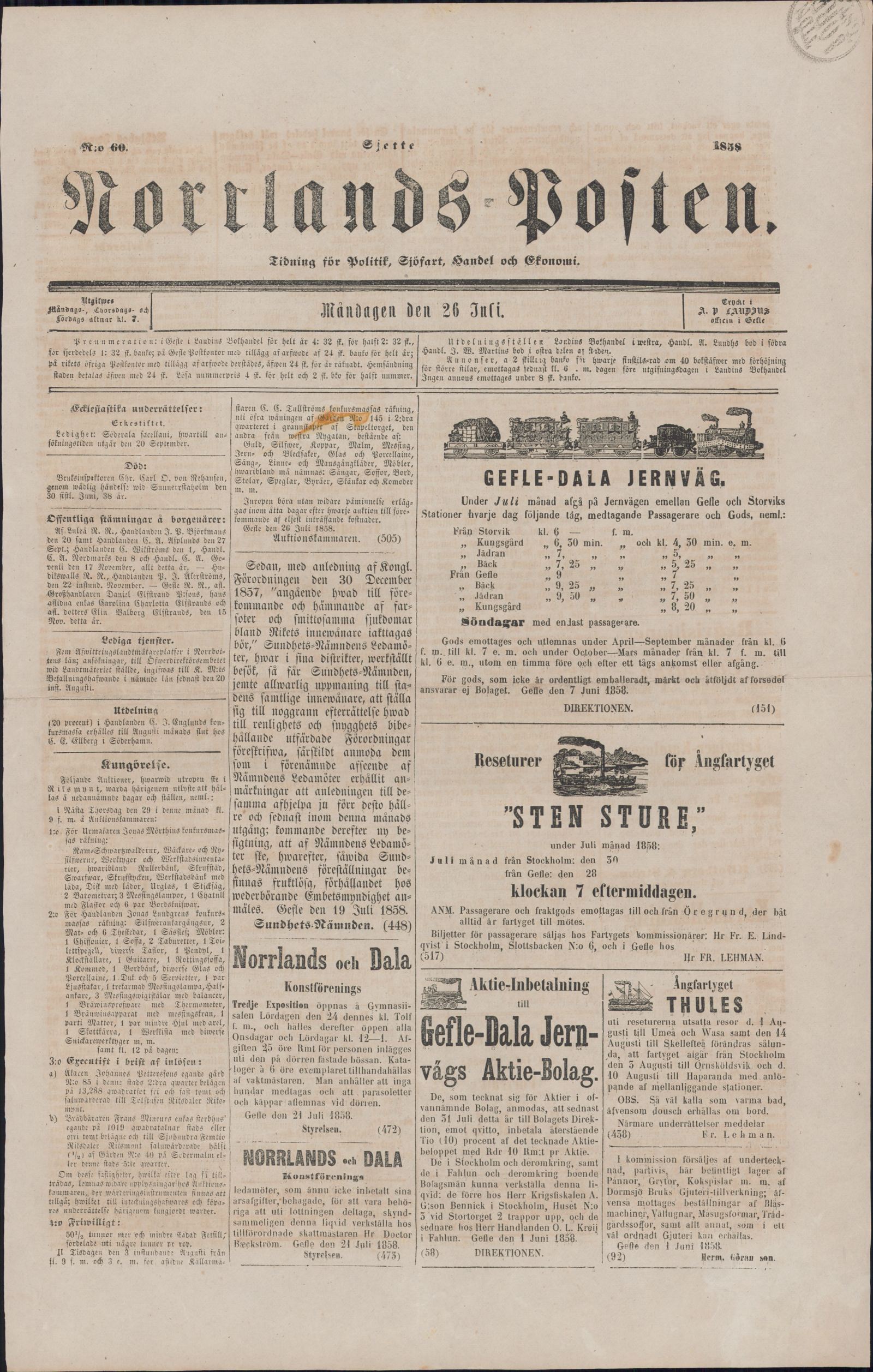 Tidningssida ur NORRLANDSPOSTEN, 1858-07-26