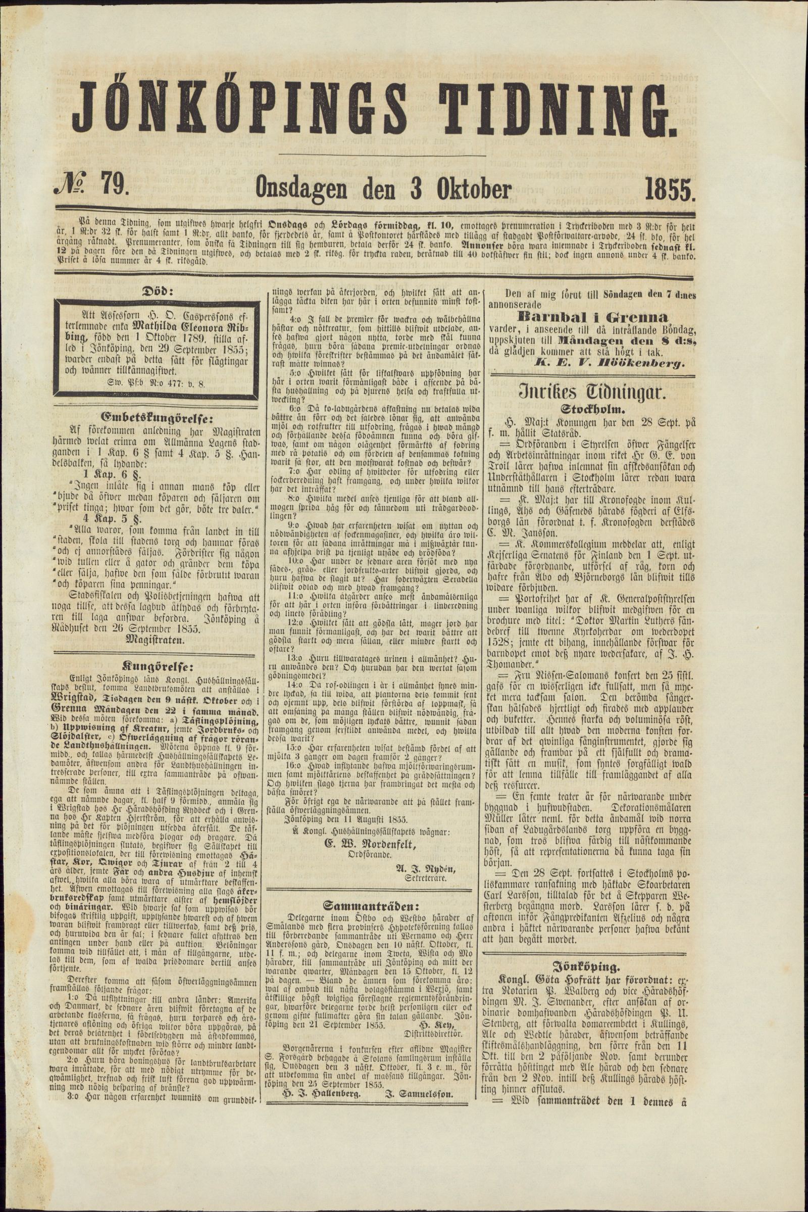 Tidningssida ur JÖNKÖPINGS TIDNING, 1855-10-03