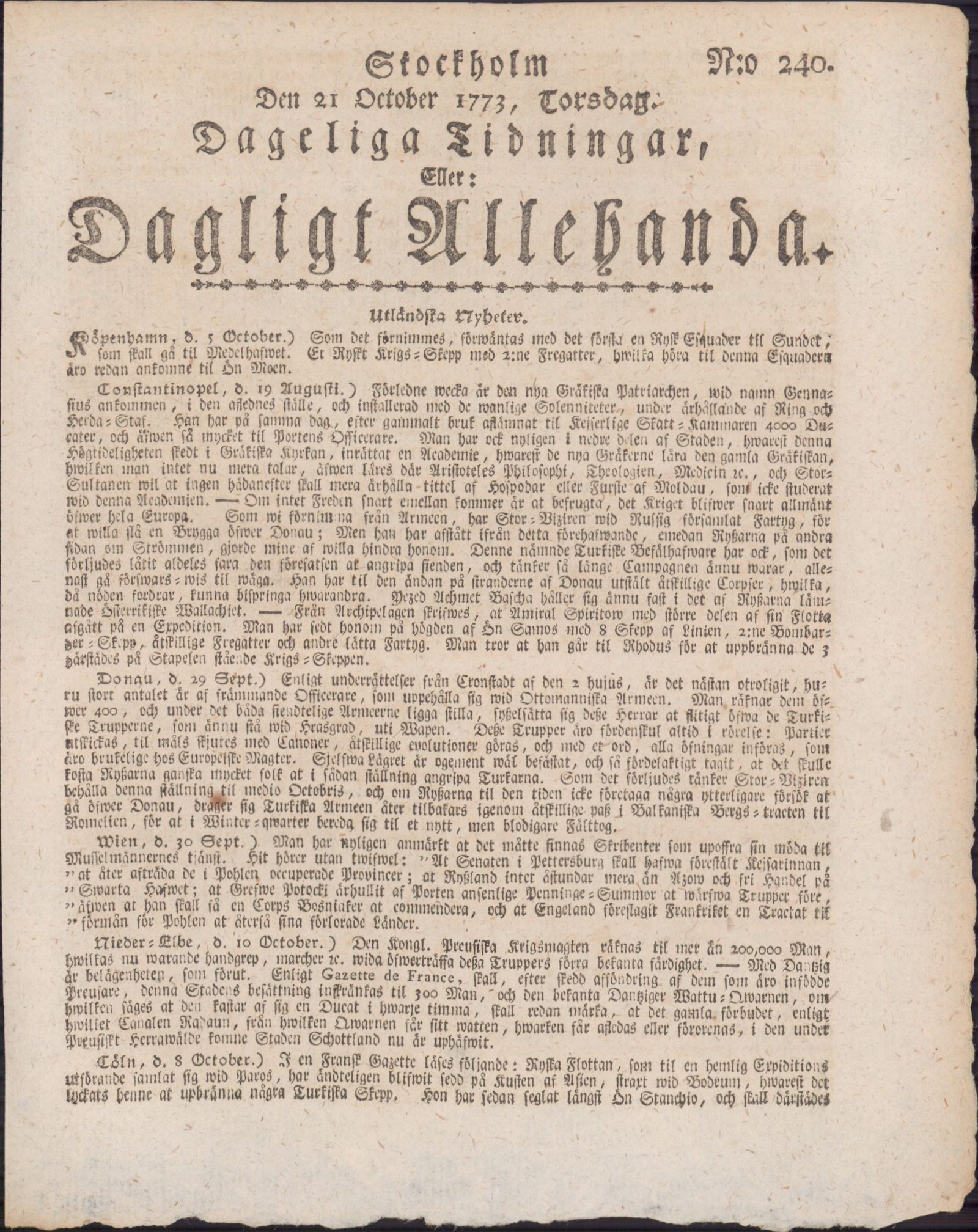 Tidningssida ur DAGLIGT ALLEHANDA, 1773-10-21