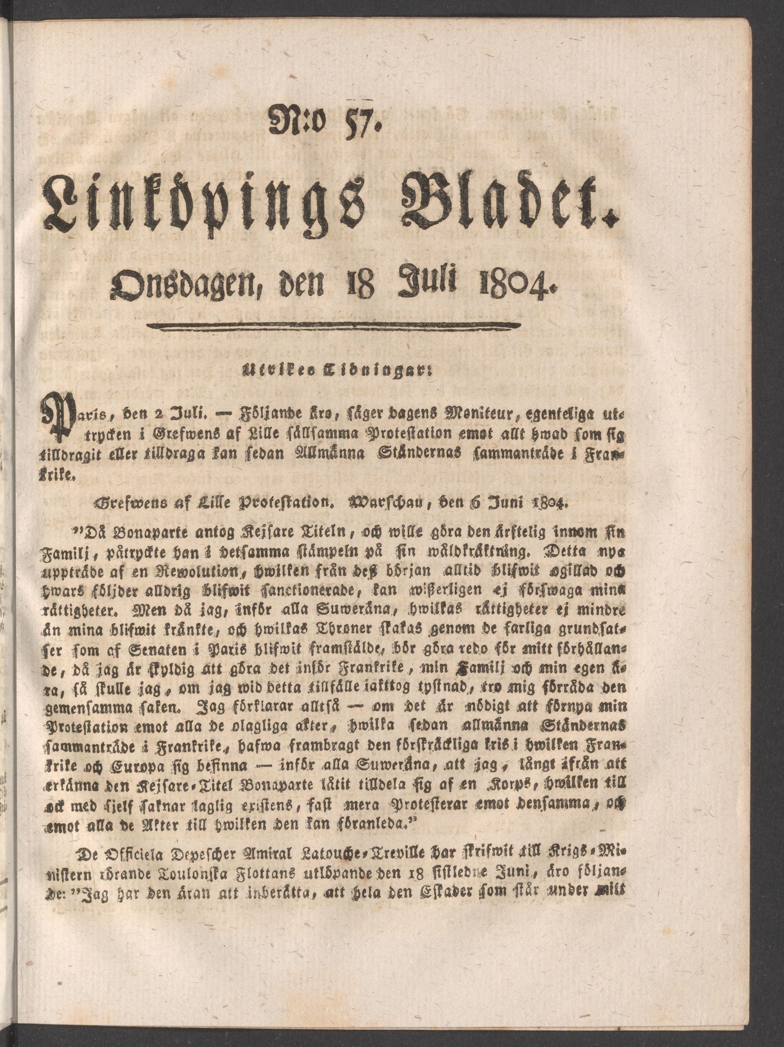 Tidningssida ur LINKÖPINGSBLADET, 1804-07-18