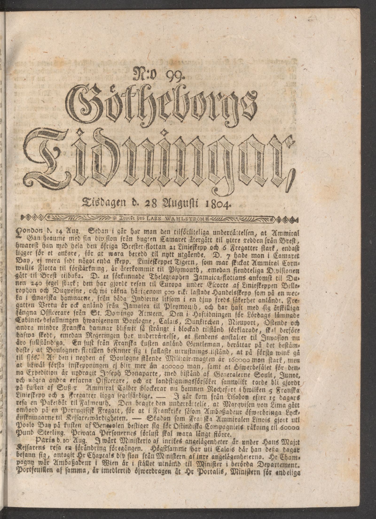 Tidningssida ur GÖTHEBORGS TIDNINGAR, 1804-08-28