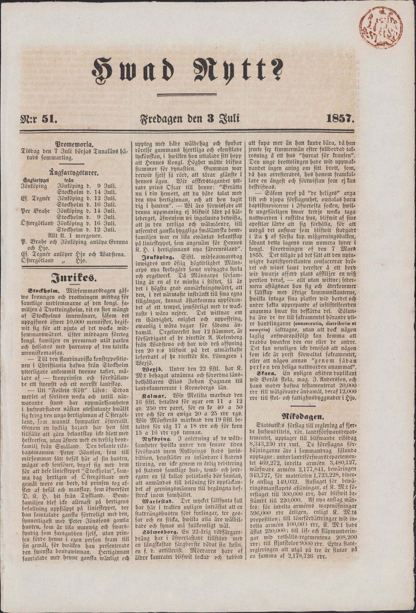 Tidningssida ur HVAD NYTT?, 1857-07-03