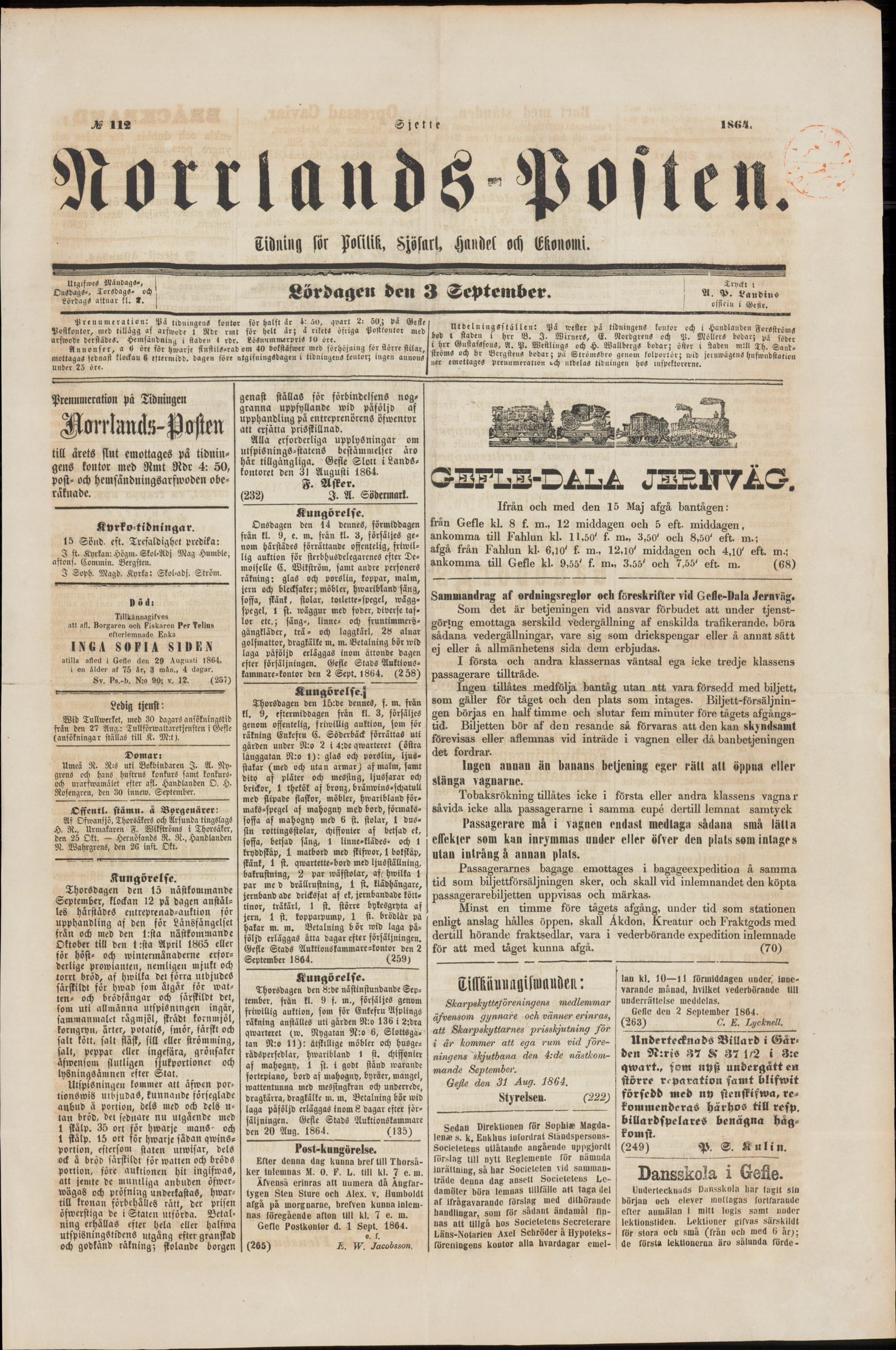 Tidningssida ur NORRLANDSPOSTEN, 1864-09-03