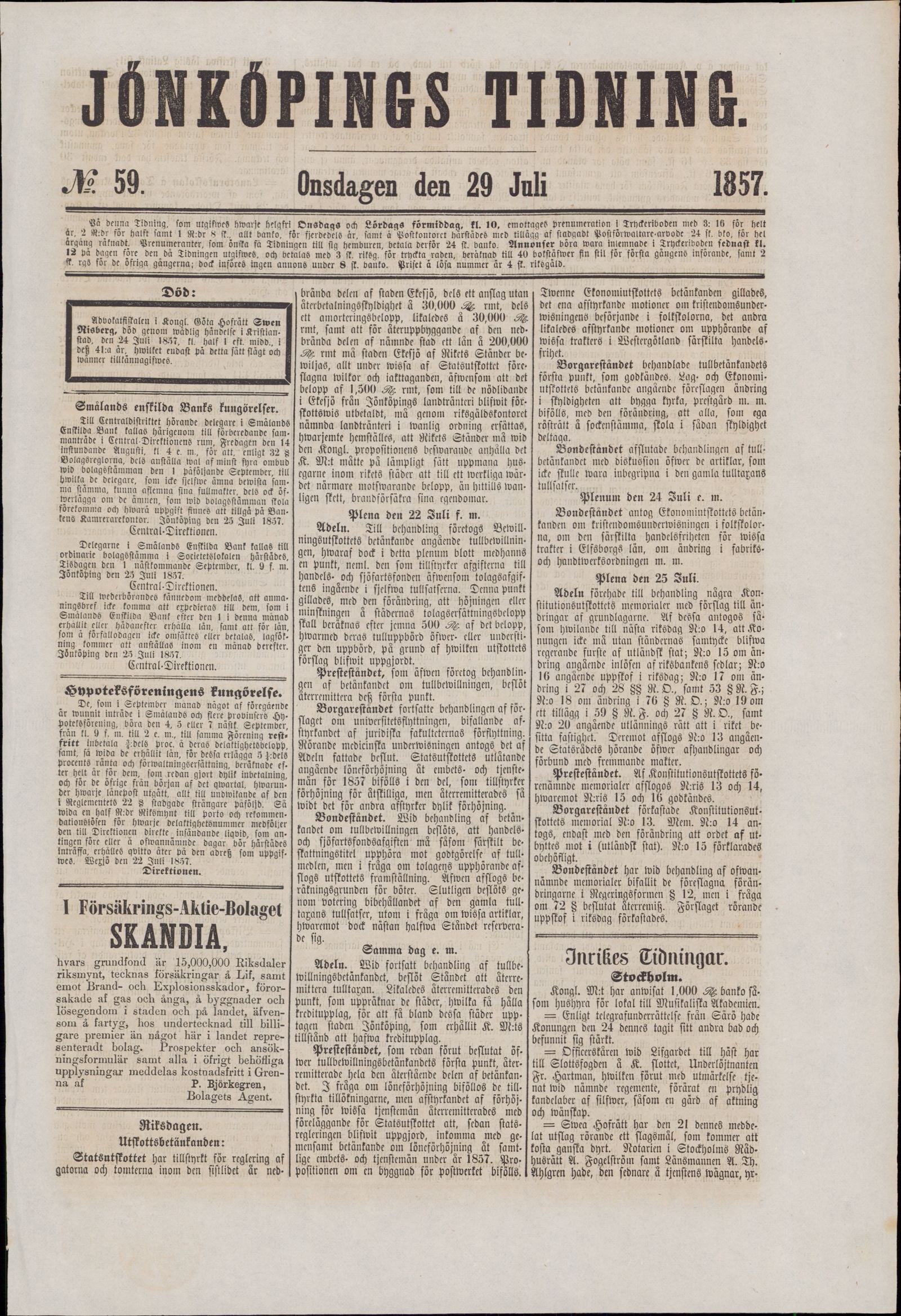 Tidningssida ur JÖNKÖPINGS TIDNING, 1857-07-29